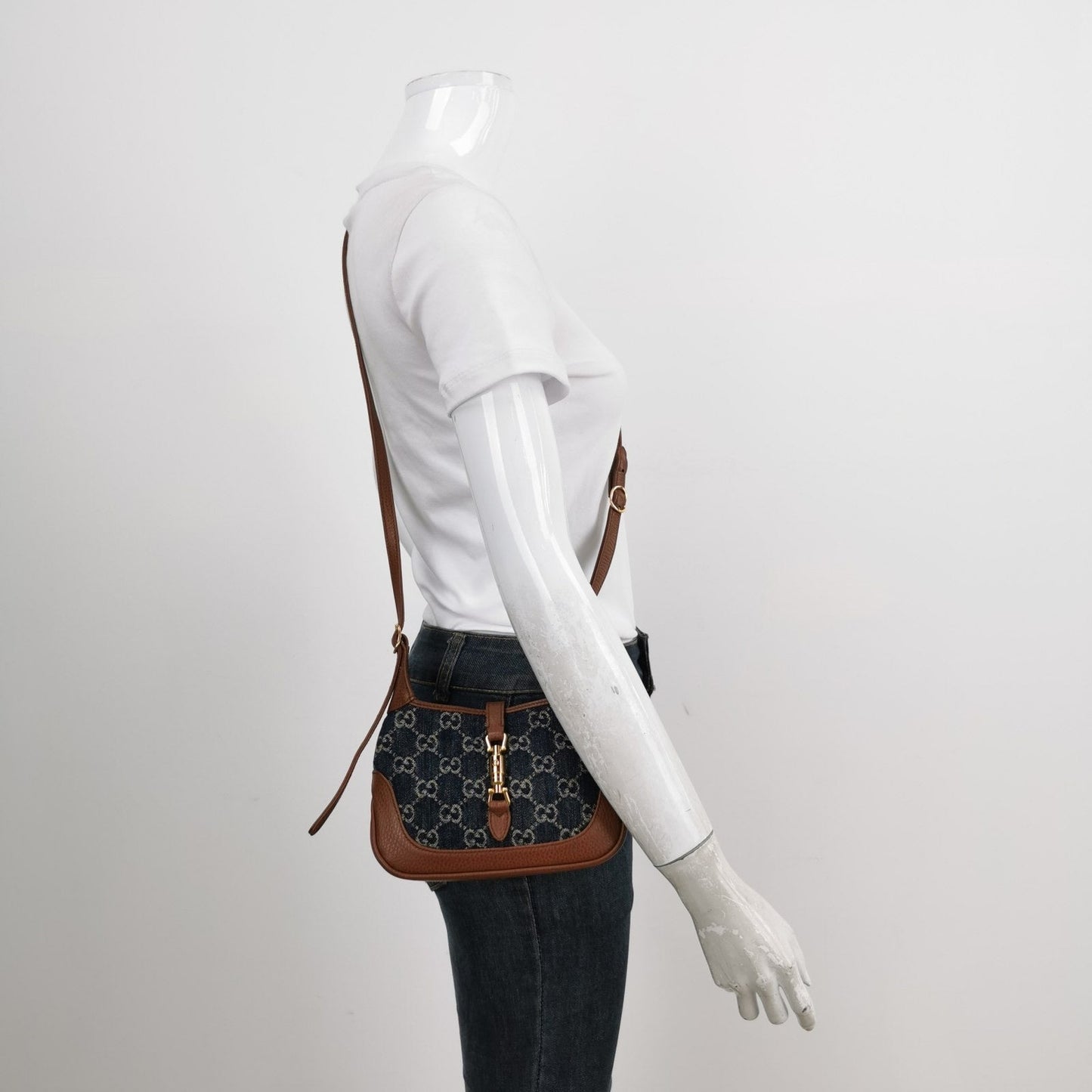Gucci Jackie Blue Monogram Leather Denim Brown Travel Bag