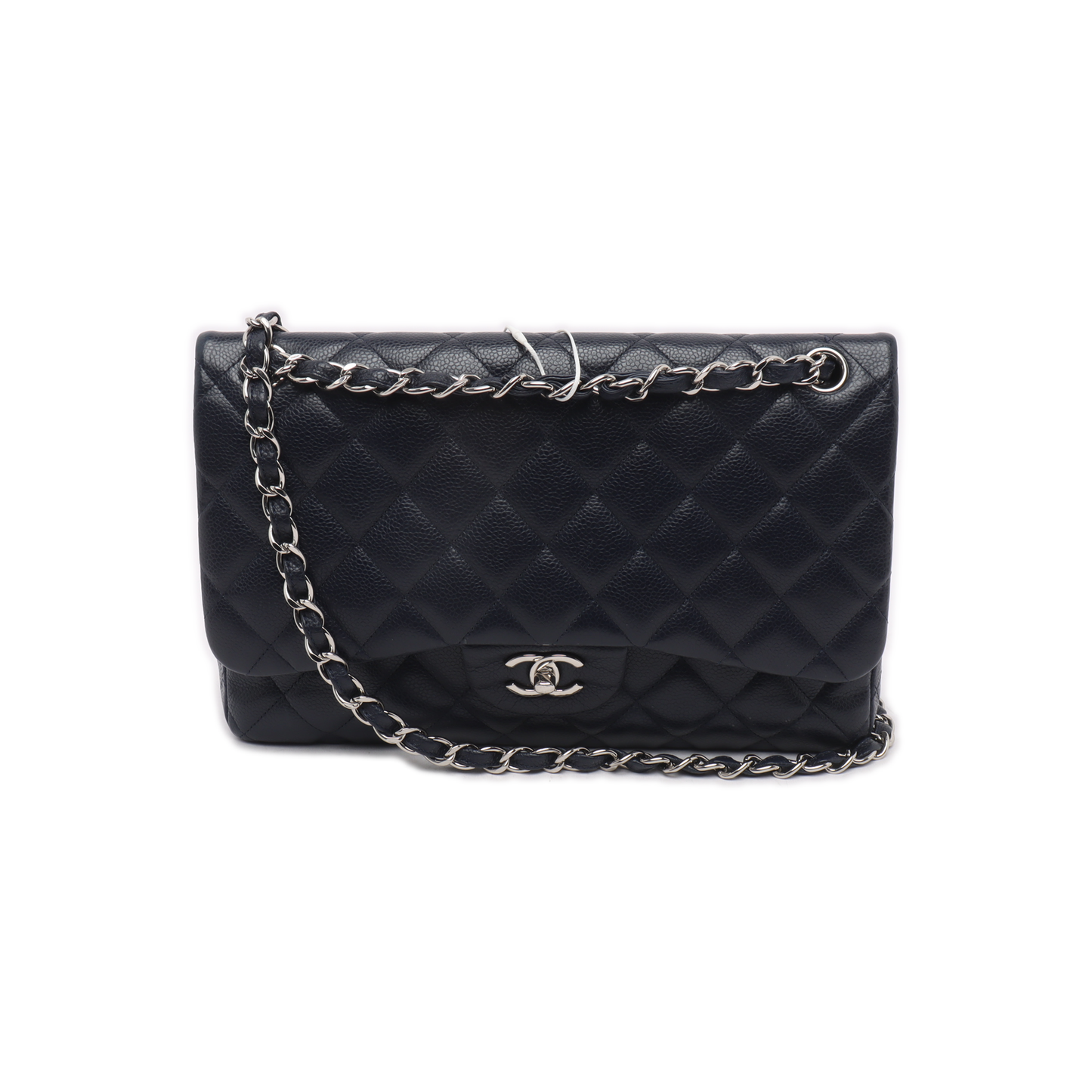 Chanel Classic Flap Jumbo Midnight Navy Caviar Silver Leather Handbag