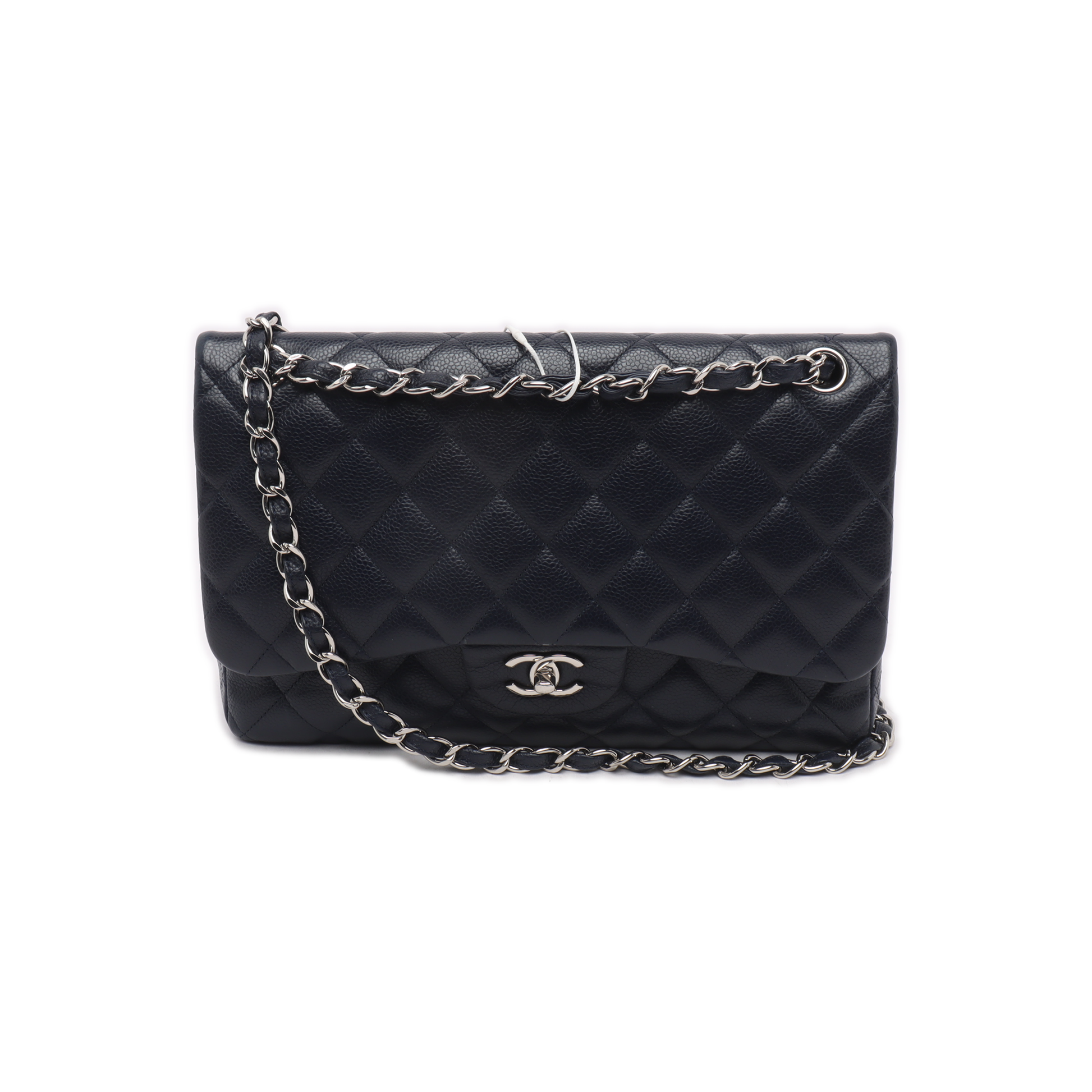 Chanel Classic Flap Jumbo Midnight Navy Caviar Silver Leather Handbag