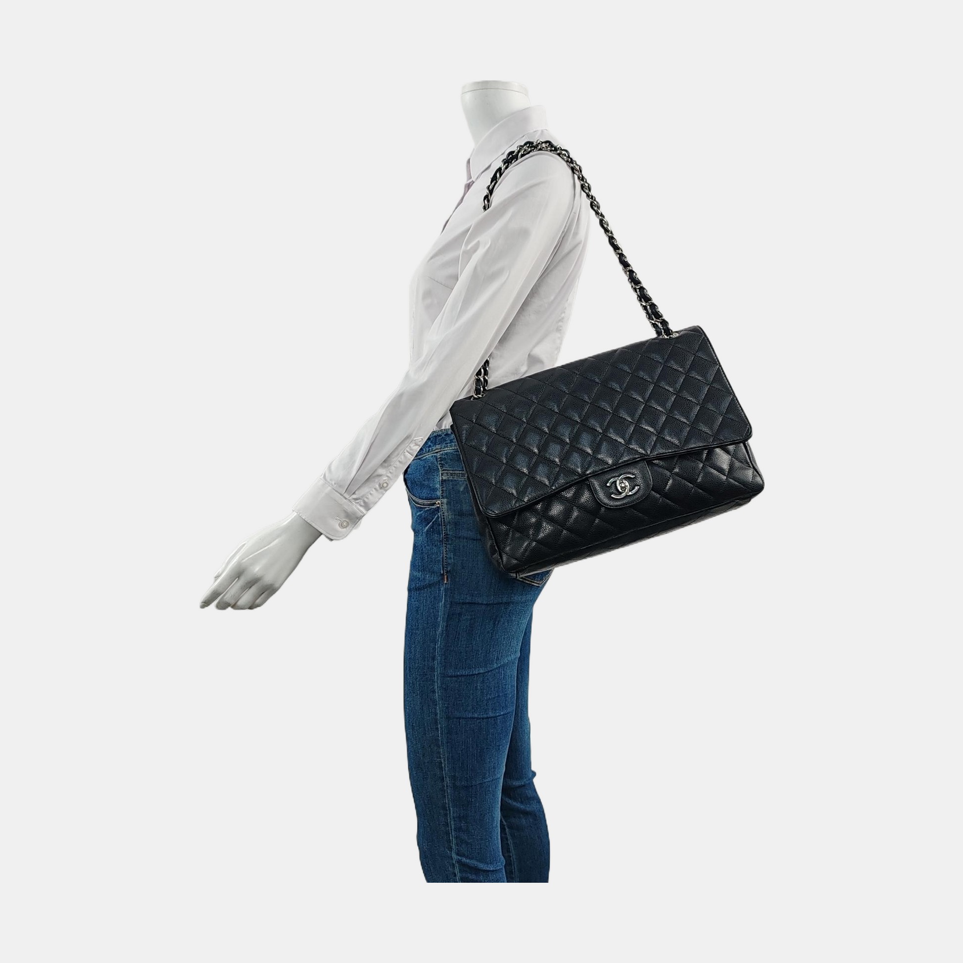 Chanel Classic Flap Maxi Caviar Single Flap Black Silver Leather Handbag Hardware 1