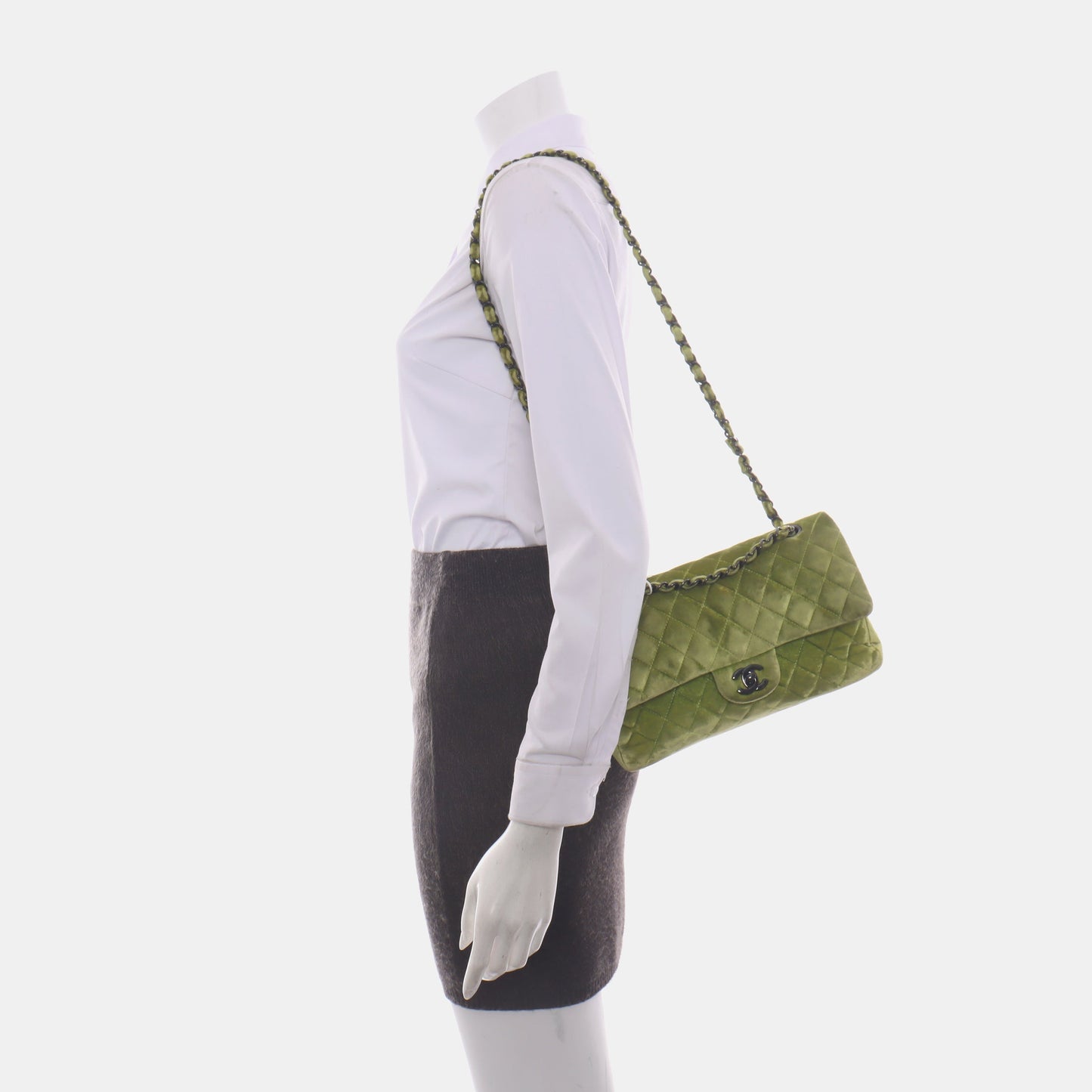 Chanel Classic Flap Velvet Hardware Black Green Handbag Black Hardware