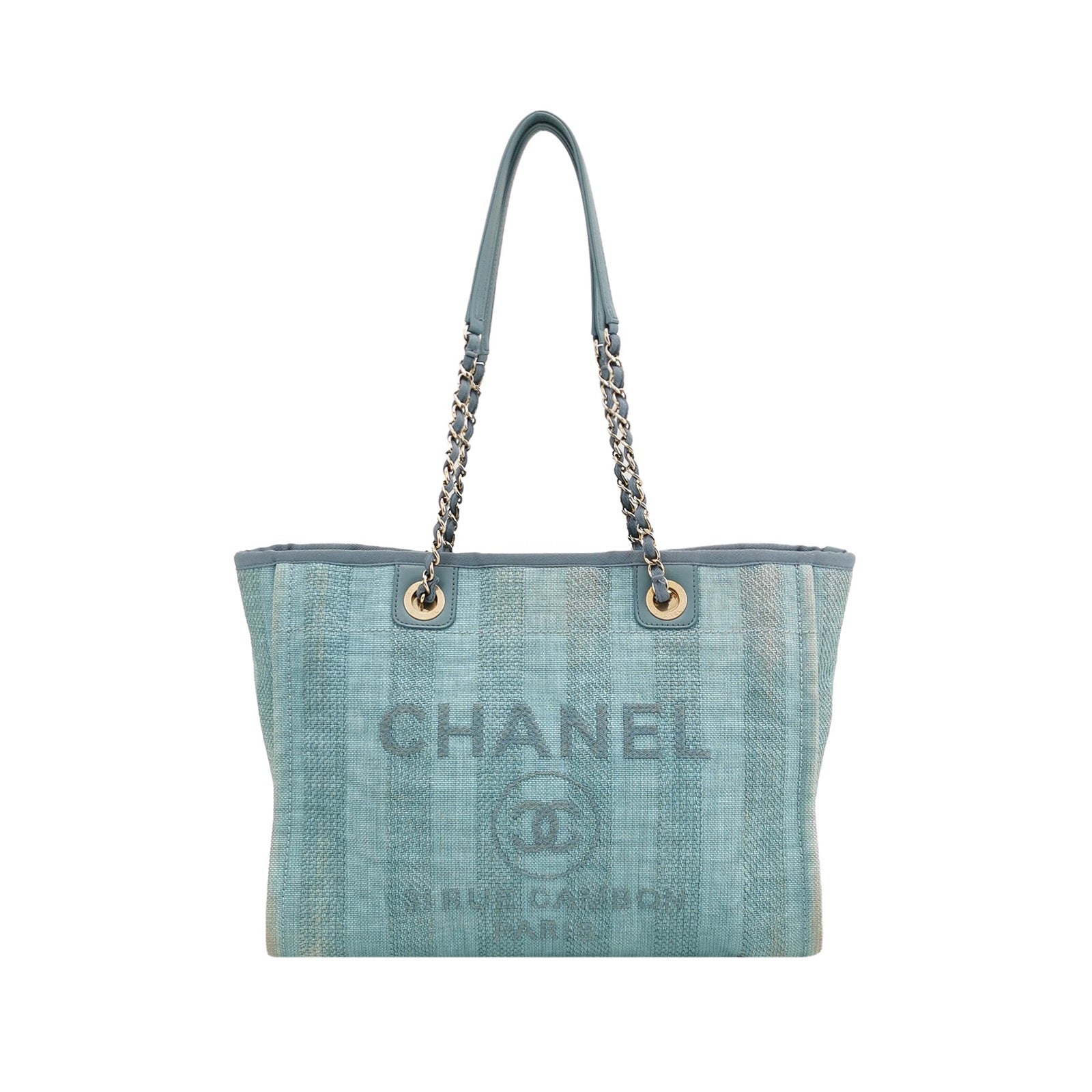 Chanel Deauville Light Turquoise Stripes Cloth Handle Blue Small Leather Tote Bag
