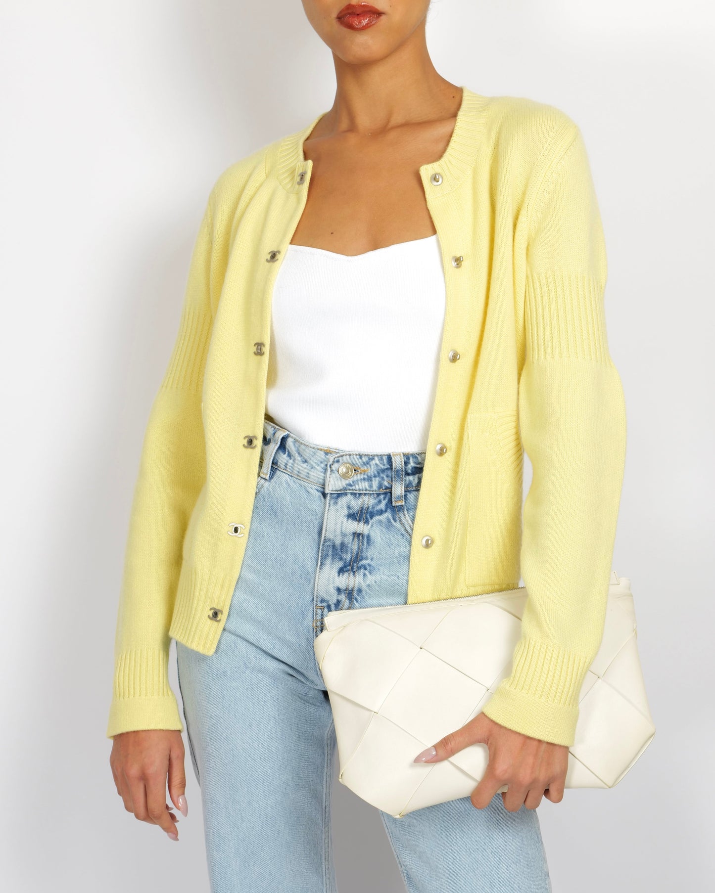 Chanel Yellow Cashmere Cardigan with Silver CC Logo Buttons Size FR 38 (UK 10)