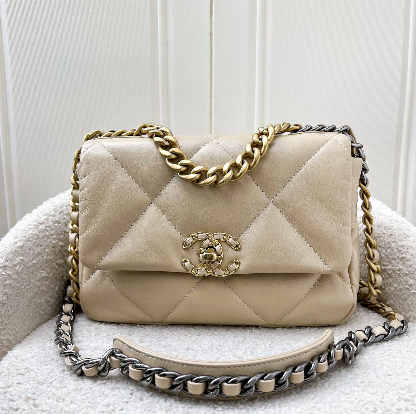 Chanel 19 Small Flap in Beige Lambskin and 3 Tone Hardware Handbag