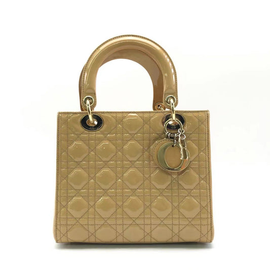 Dior Lady Medium Patent With Tone Hardware Handbag Leather Beige Travel Bag