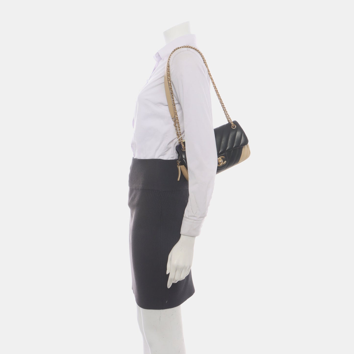 Chanel Bicolor Chevron Lambskin Single Flap -15 Black Gold Small Leather Shoulder Bag