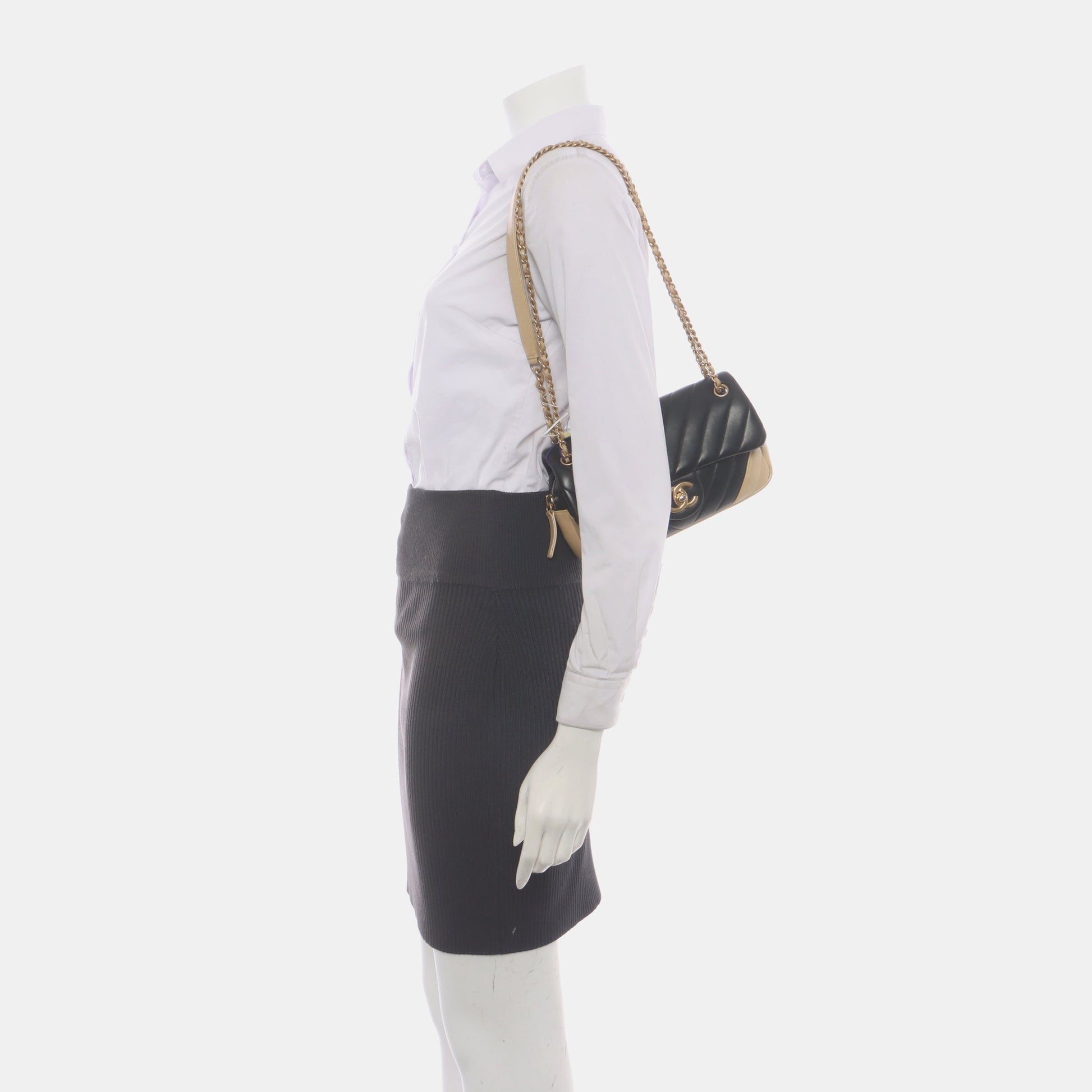 Chanel Bicolor Chevron Lambskin Single Flap -15 Black Gold Small Leather Shoulder Bag