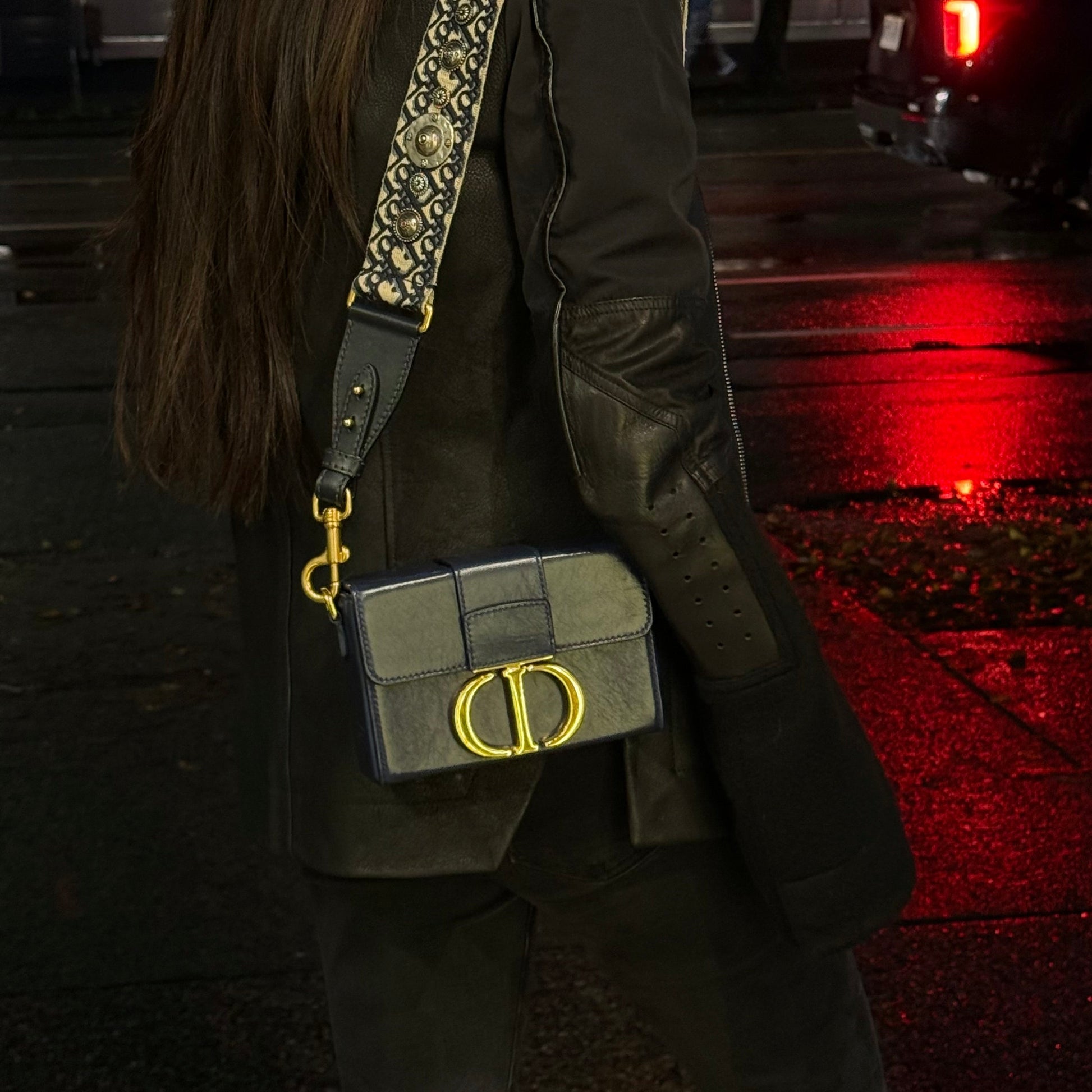 Dior Christian Montaigne Box Shoulder Bag Leather Blue Navy