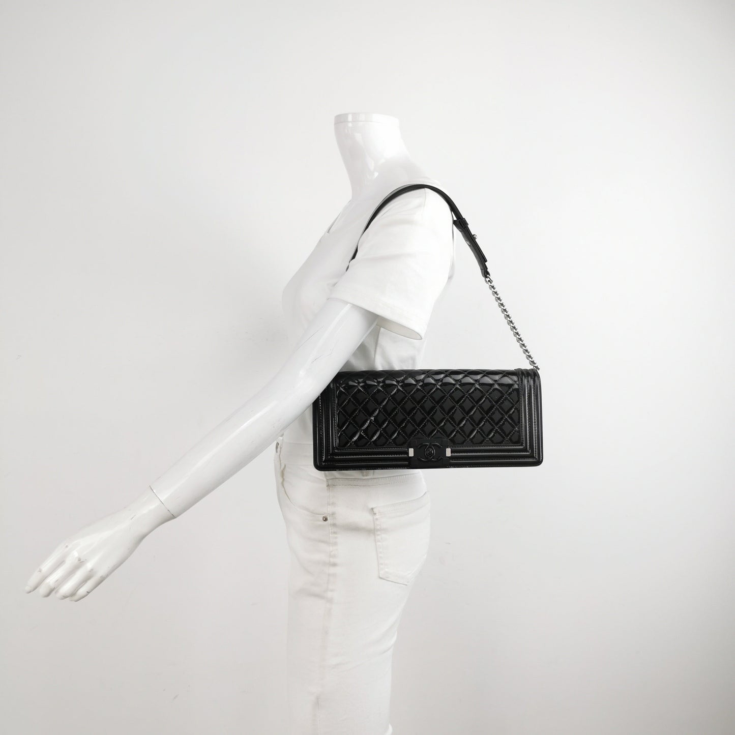 Chanel East West Boy Convertible Patent Black Leather Shoulder Bag