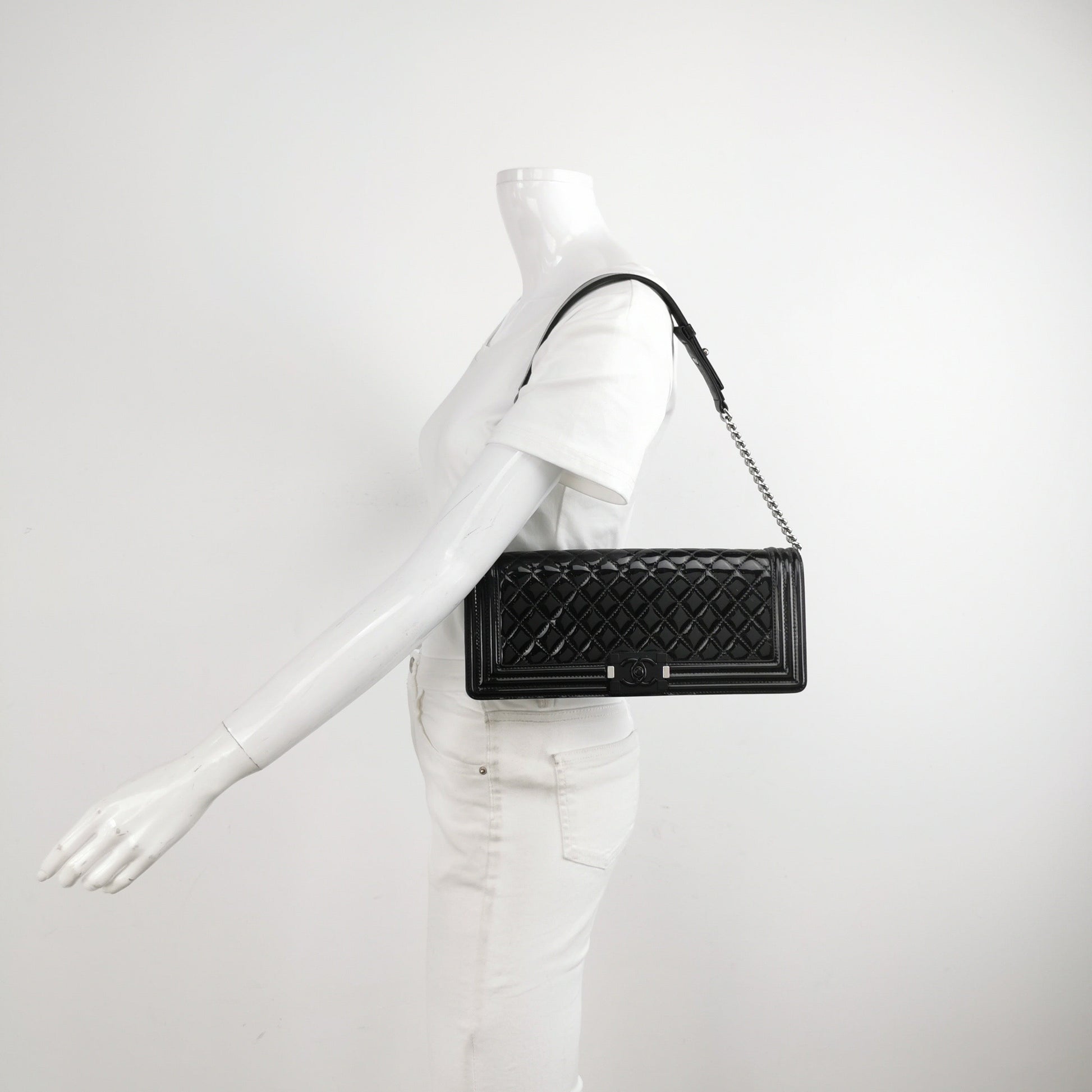 Chanel East West Boy Convertible Patent Black Leather Shoulder Bag