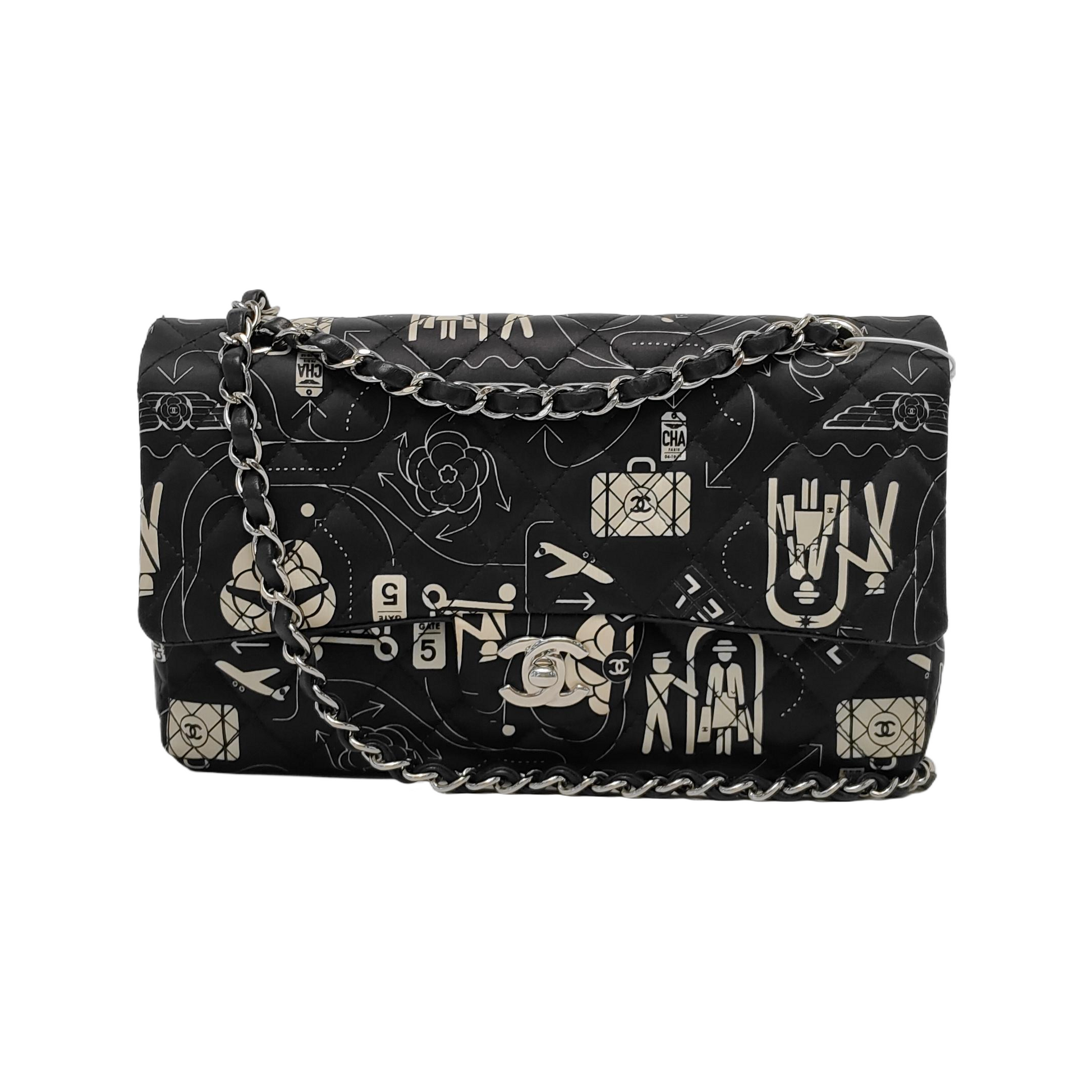 Chanel Satin Airline Printed Double Flap Black White Shoulder Bag