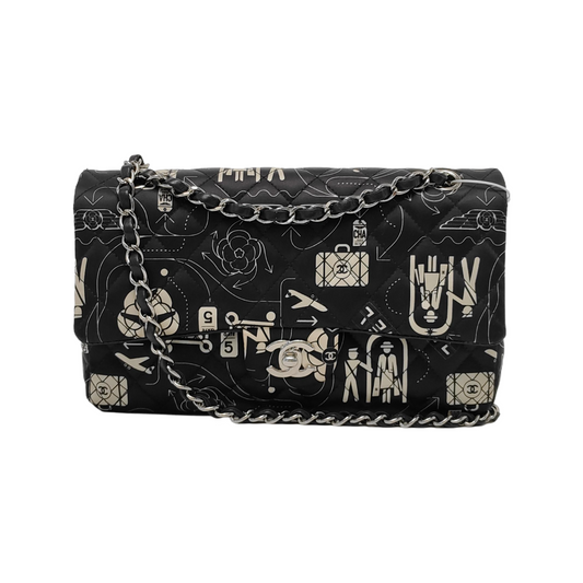 Chanel Satin Airline Printed Double Flap Black White Shoulder Bag