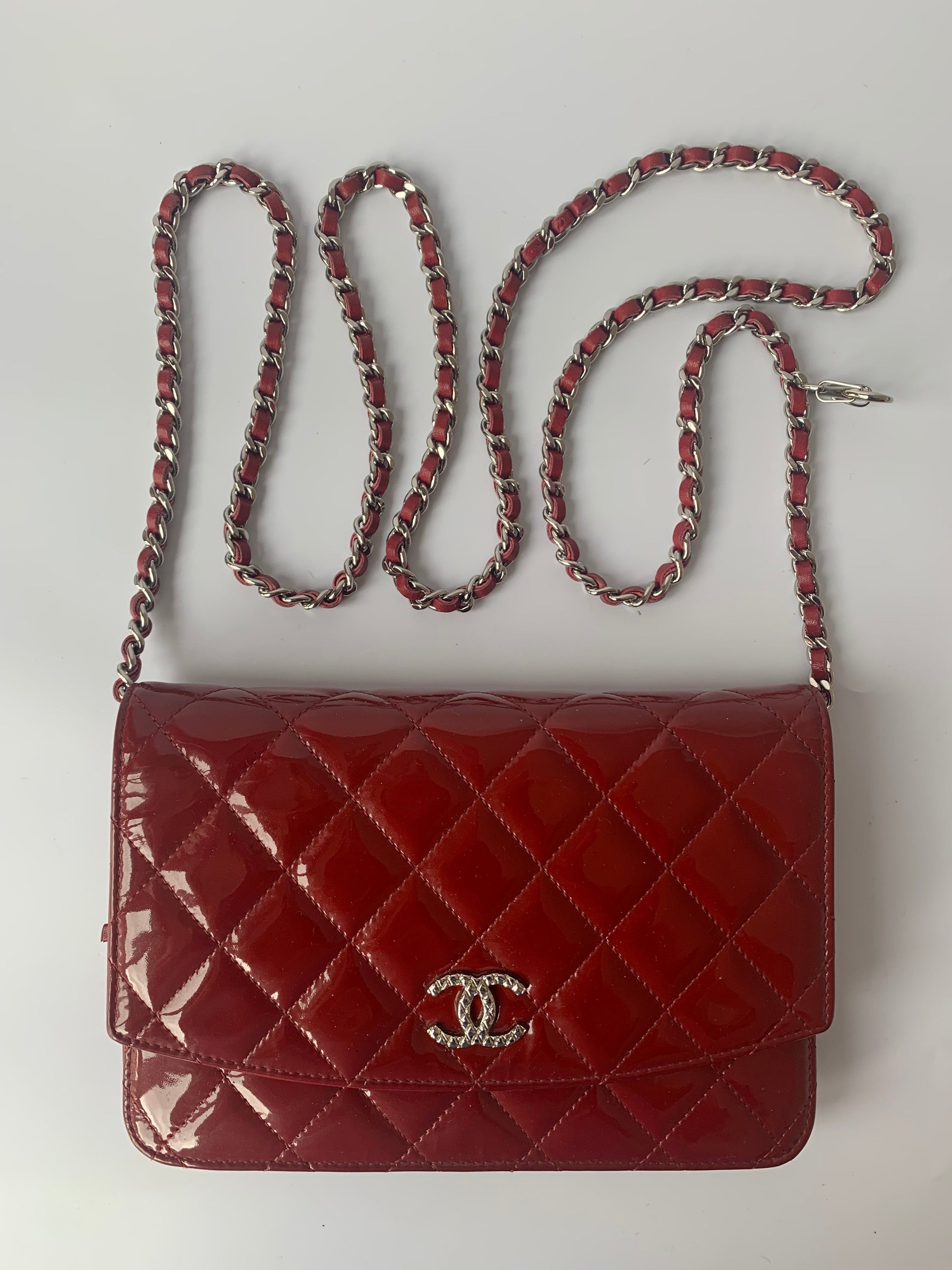 Chanel On Chains WOC Timeless Classic Patent Red Gold Leather Wallet Case
