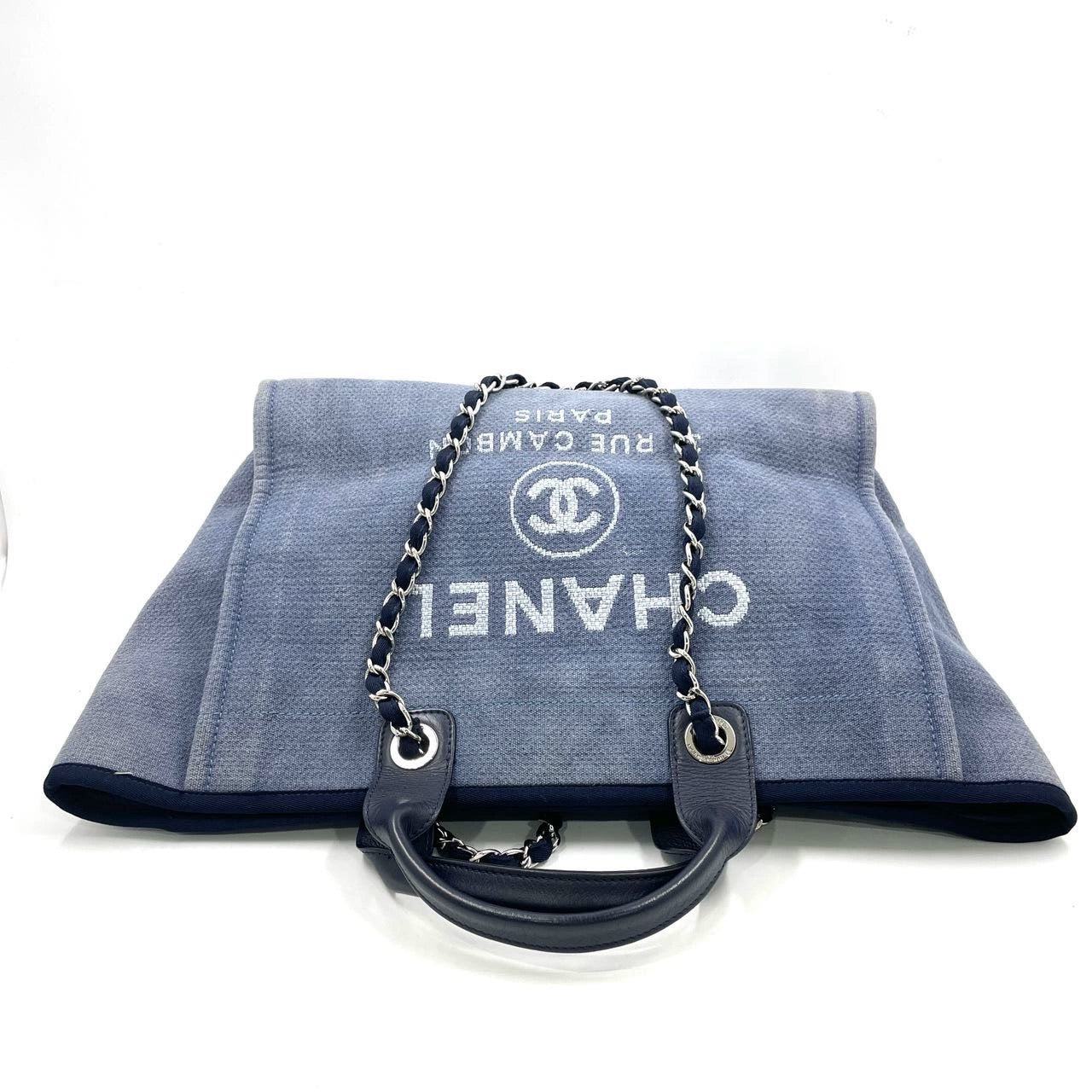 Chanel Deauville Navy Denim Top Handle Tote Bag Handle 1