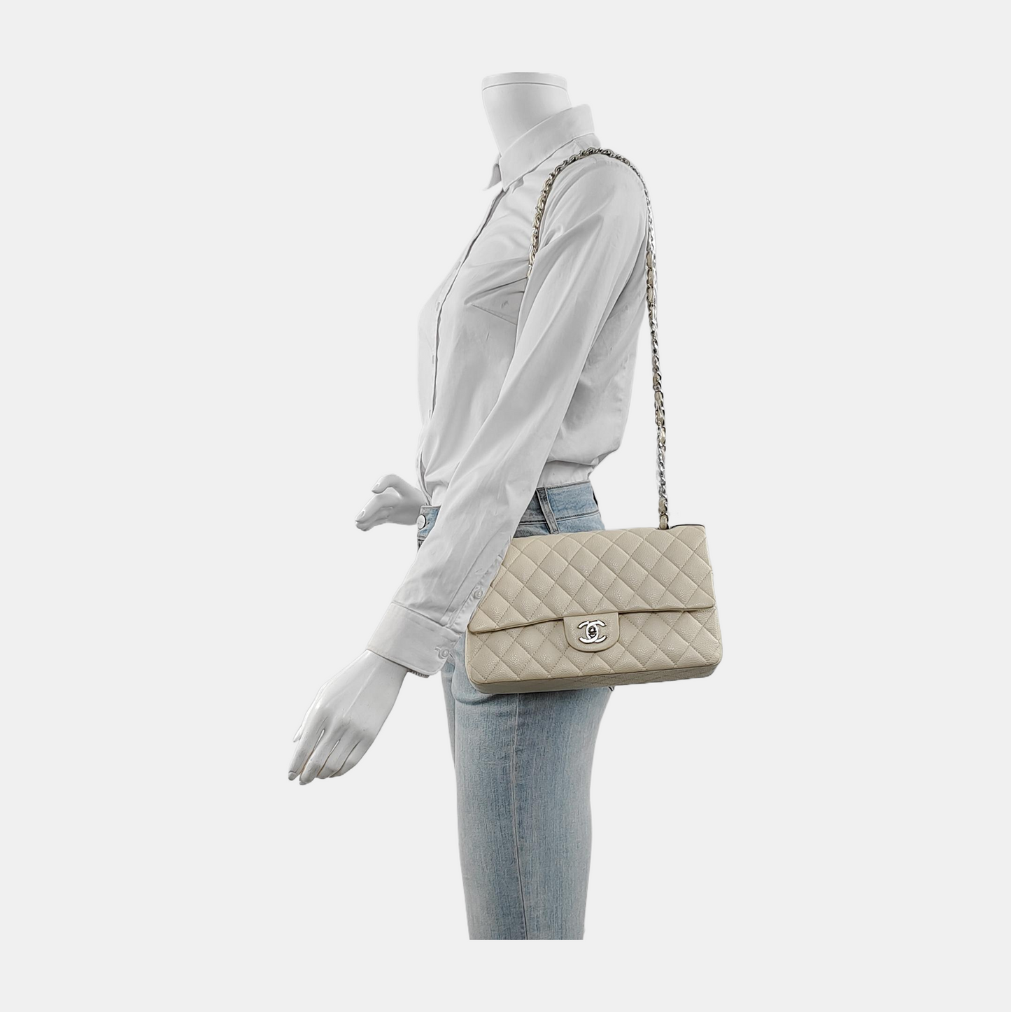 Chanel Classic Flap Caviar Hardware White Silver Leather Handbag