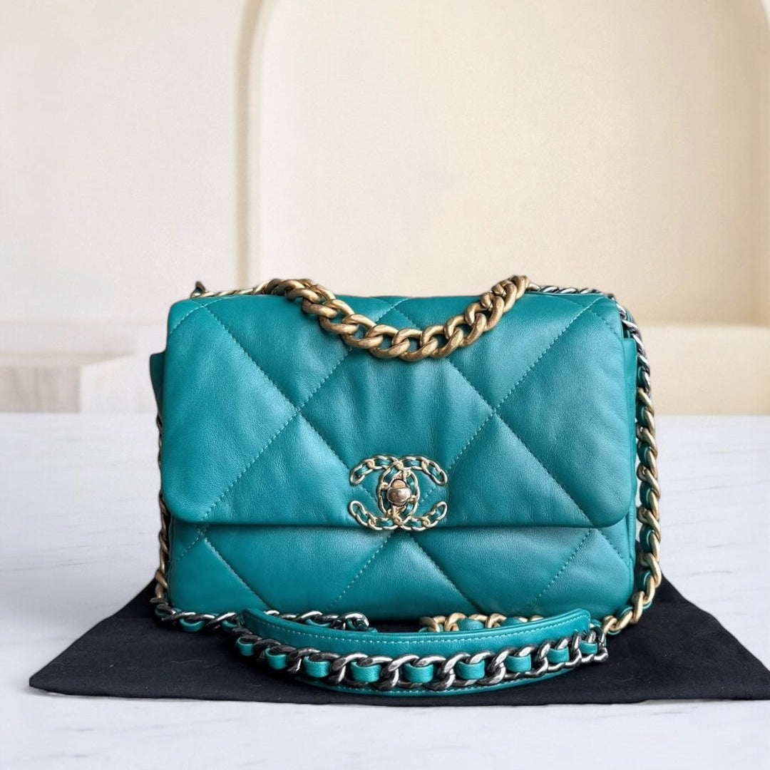 Chanel 19 Bag Small - Goatskin Two-tone Hardware Quilted Blue Handbag