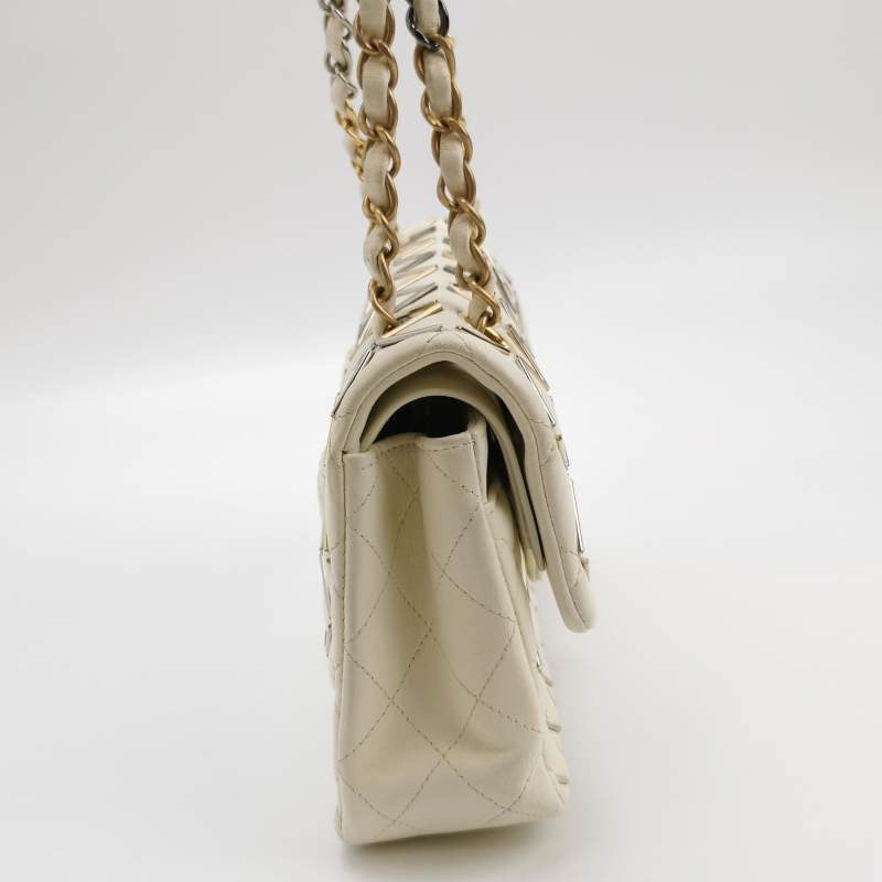 Chanel Classic Flap Gilt Hardware White Silver Small Leather Handbag