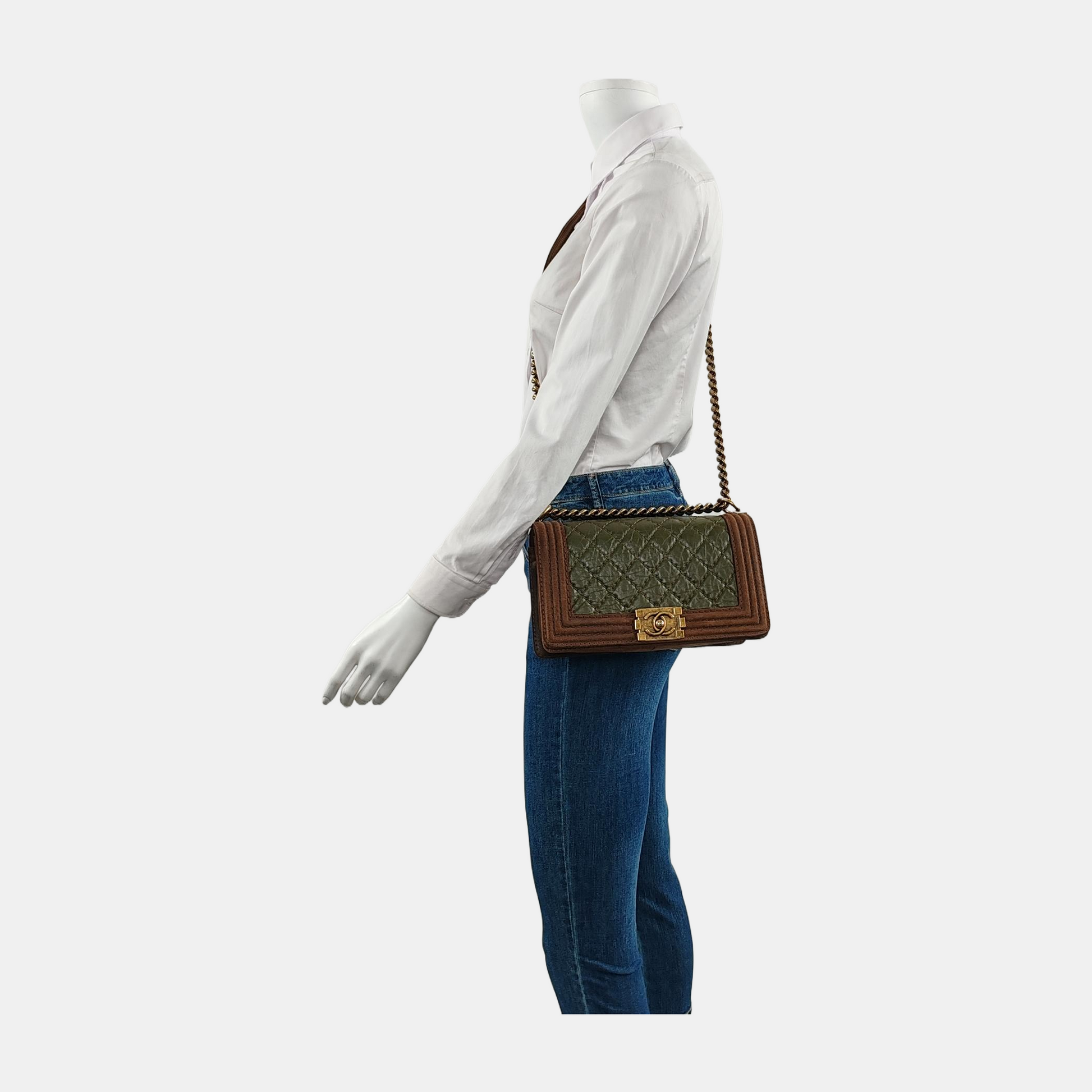 Chanel Le Boy Dark Calfskin Suede Hardware Brown Green Gold Leather Handbag