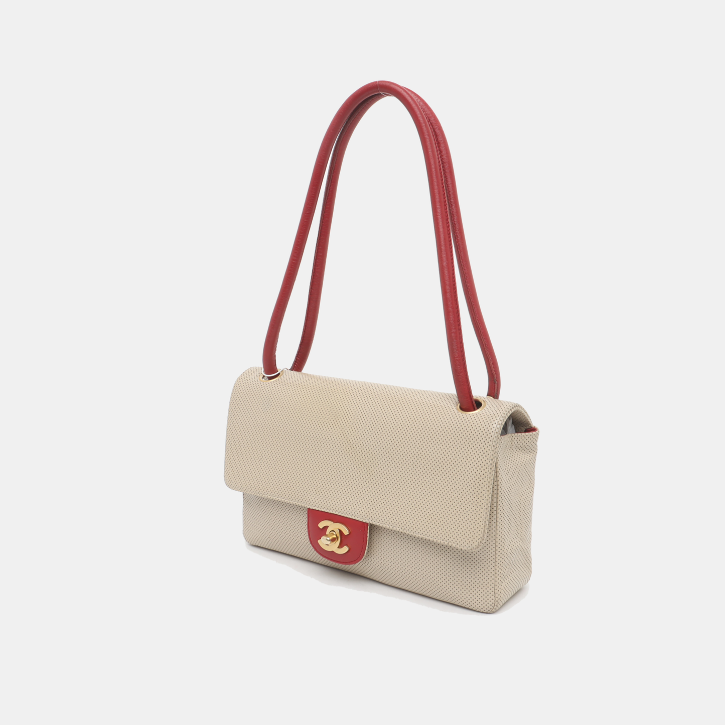 Chanel Classic Flap Bi-color Perforated Red Beige Leather Handbag Strap Bag