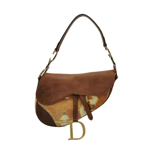 Dior Saddle Printed Velvet Hardware Shoulder Bag Leather Brown