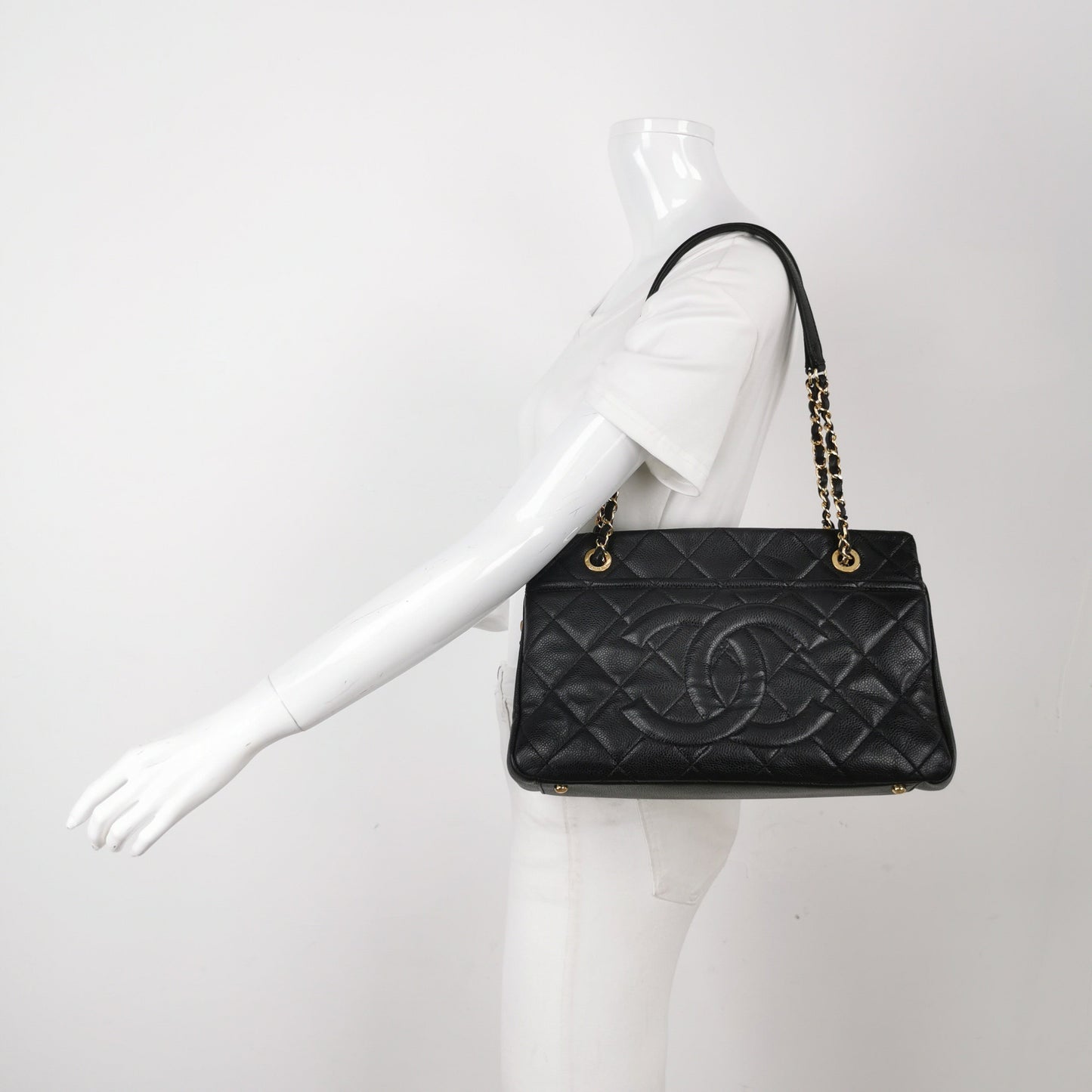 Chanel PST Petite Shopping Caviar CC Logo Black Gold Small Leather Tote Bag