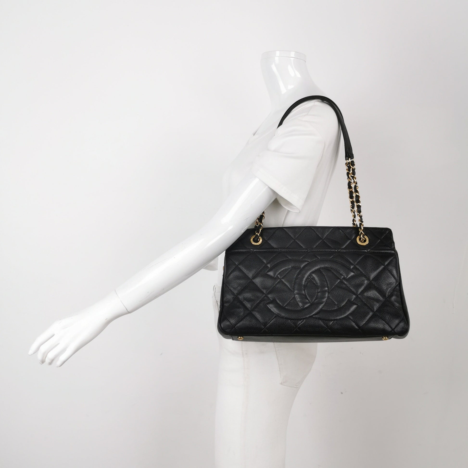 Chanel PST Petite Shopping Caviar CC Logo Black Gold Small Leather Tote Bag