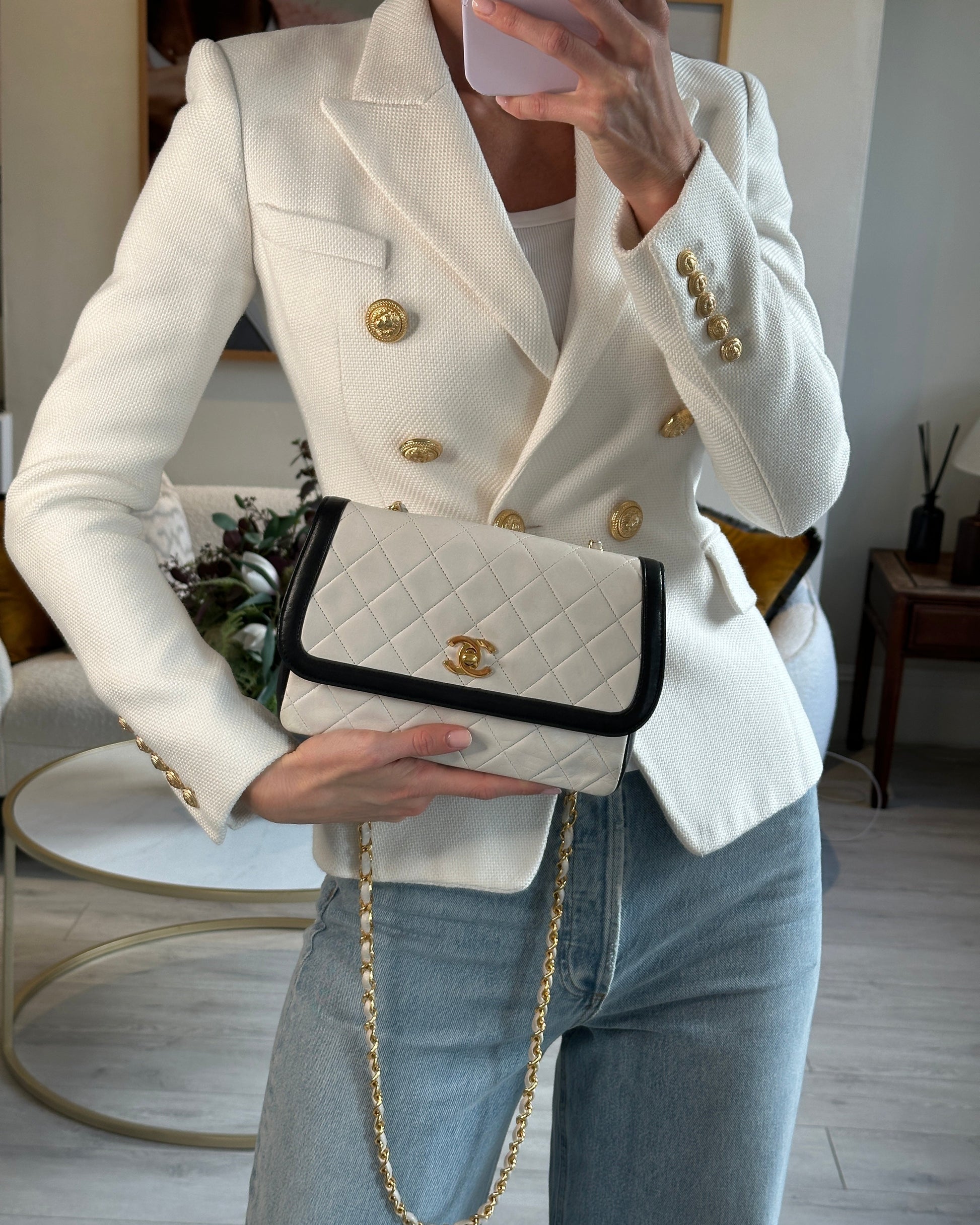 Chanel White, Black Trim Matelasse Cross-Body Bag In Lambskin Leather With 24K Gold Hardware