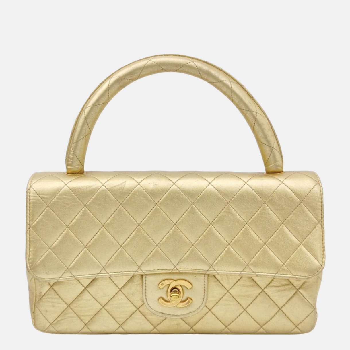 Chanel Classic Flap Kelly Top Handle Gold Leather Handbag