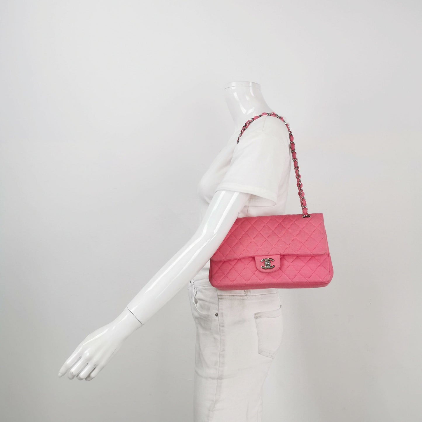 Chanel Classic Flap Double Flap Cotton Fabric Pink Silver Handbag