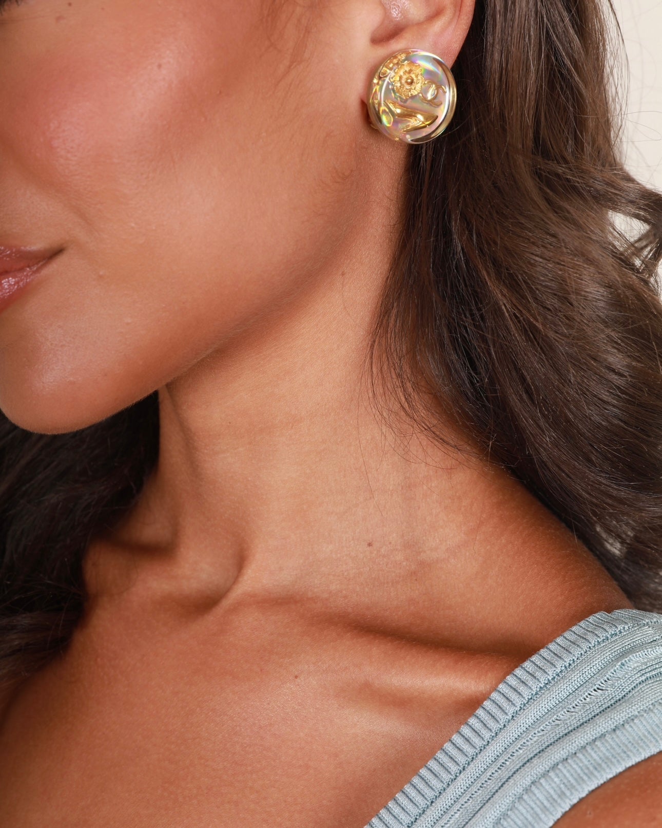 Chanel 97P Round Iridescent With Gold Cc Logo, Caméila & Shoe Detail Clip-On Earrings