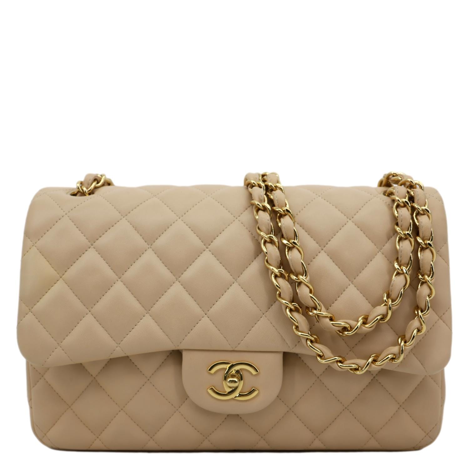 Chanel Jumbo Classic Double Flap Quilted Lambskin Beige Leather Shoulder Bag