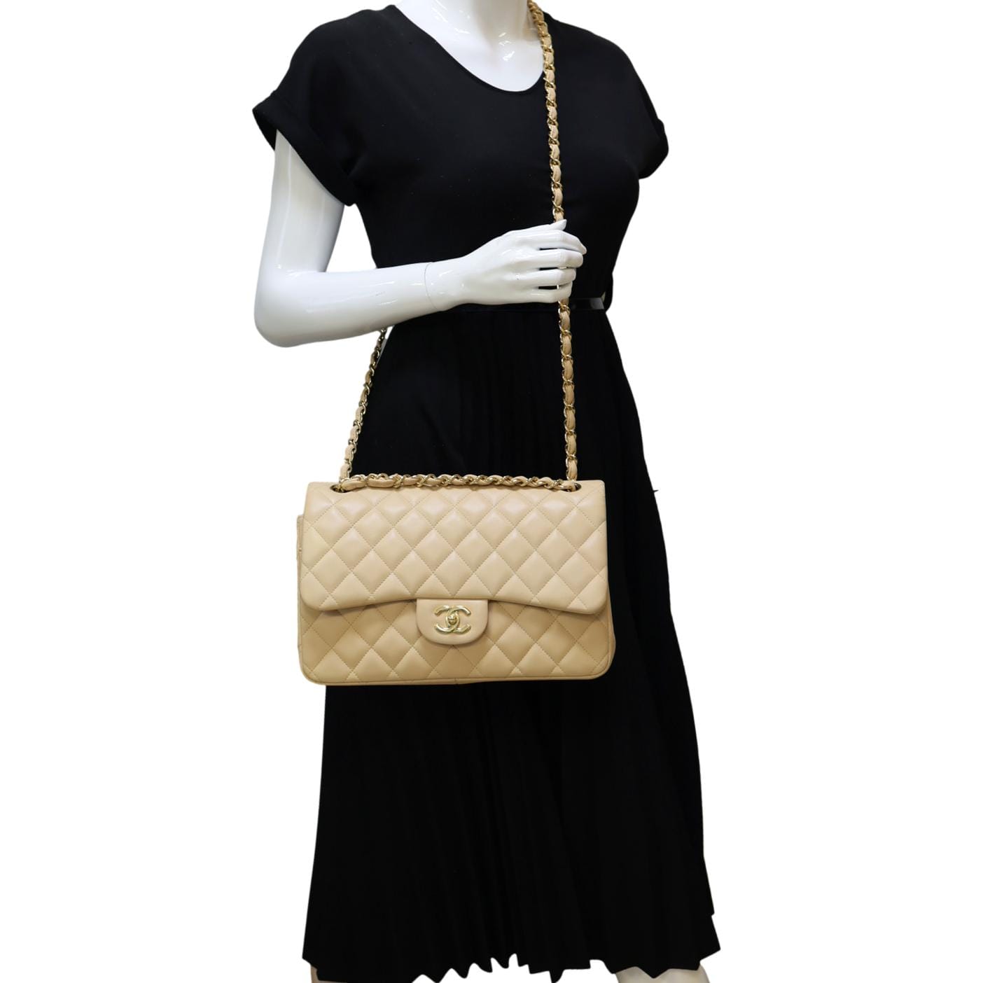 Chanel Jumbo Classic Double Flap Quilted Lambskin Beige Leather Shoulder Bag