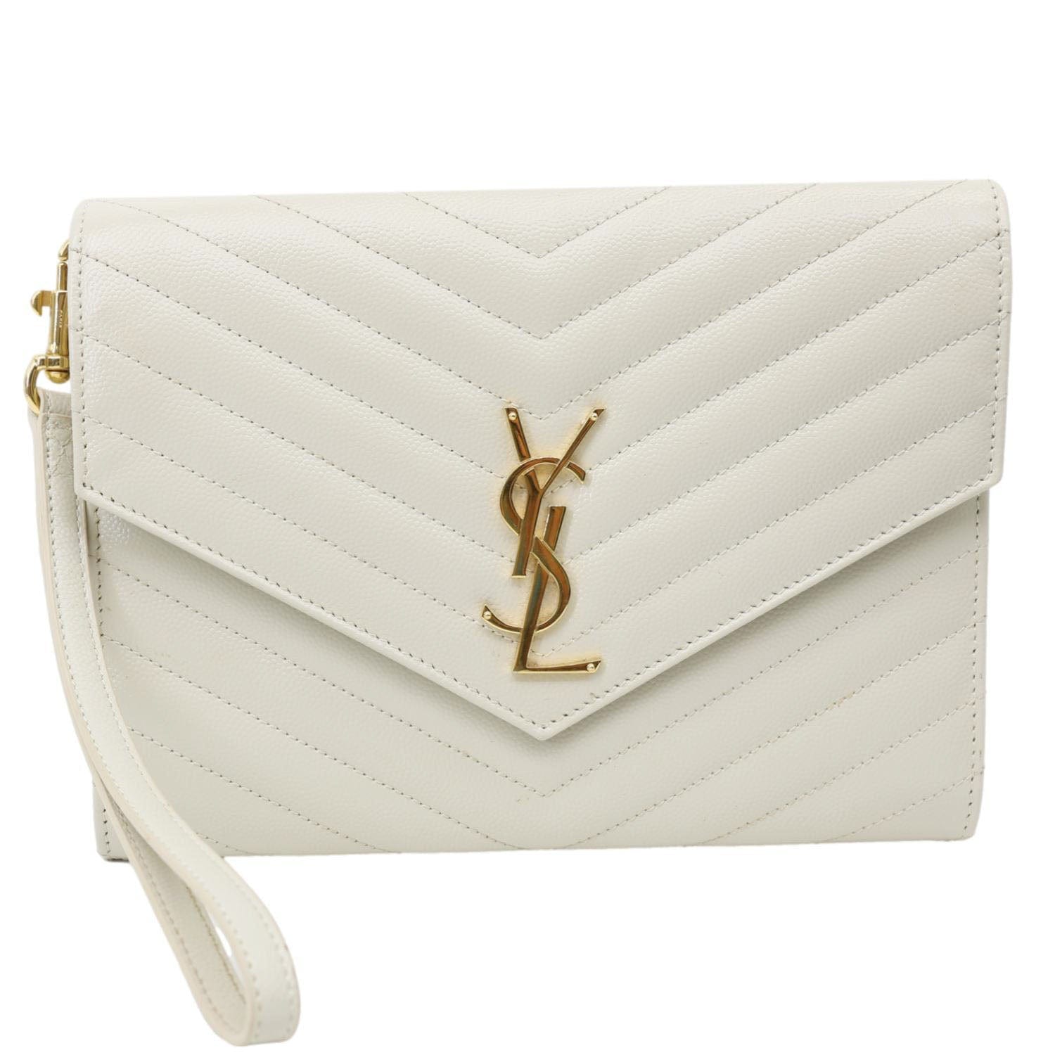 YSL Saint Laurent Yves Wristlet Clutch Leather Monogram White Clutch Bag