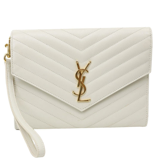 YSL Saint Laurent Yves Wristlet Clutch Leather Monogram White Clutch Bag