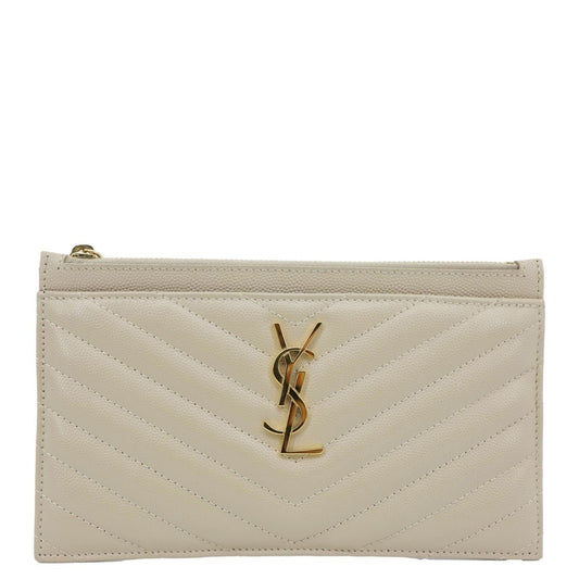 YSL Saint Laurent Yves Bill Grain De Poudre Chevron Pouch Handbag Leather Monogram Beige Travel Bag