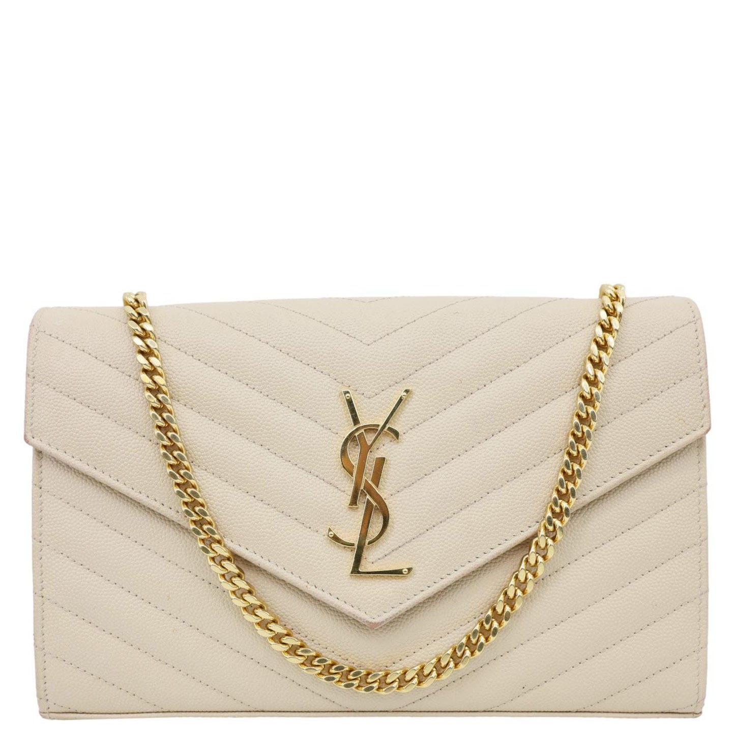 YSL Saint Laurent Saint Envelope Grain De Poudre Chevron Wallet Leather Beige Crossbody Bag