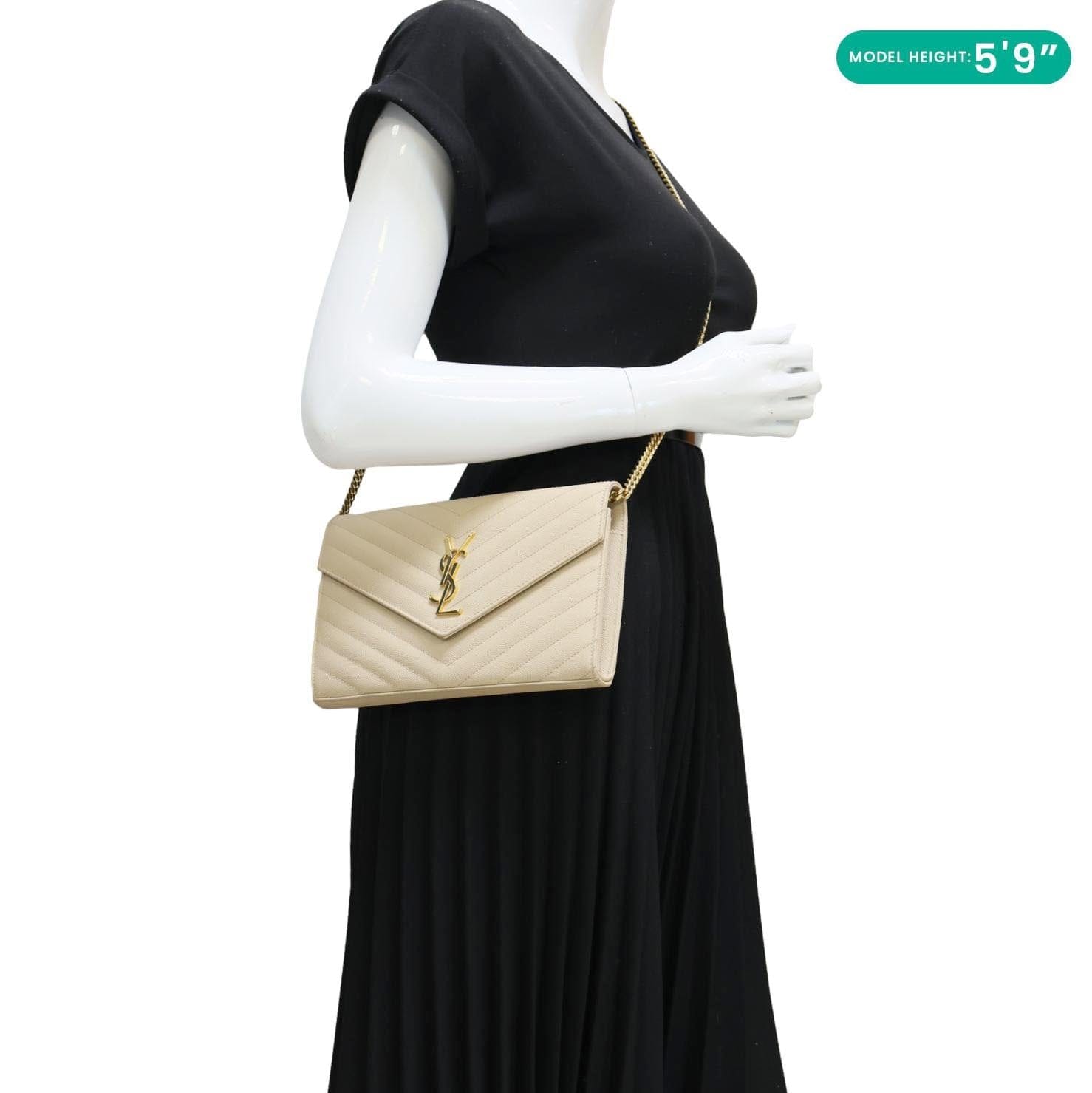 YSL Saint Laurent Saint Envelope Grain De Poudre Chevron Wallet Leather Beige Crossbody Bag