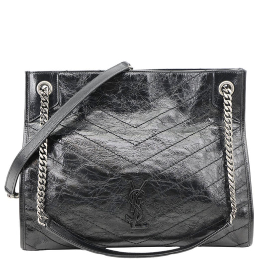 YSL Saint Laurent Yves Niki Crinkle Shopper Tote Bag Leather Black