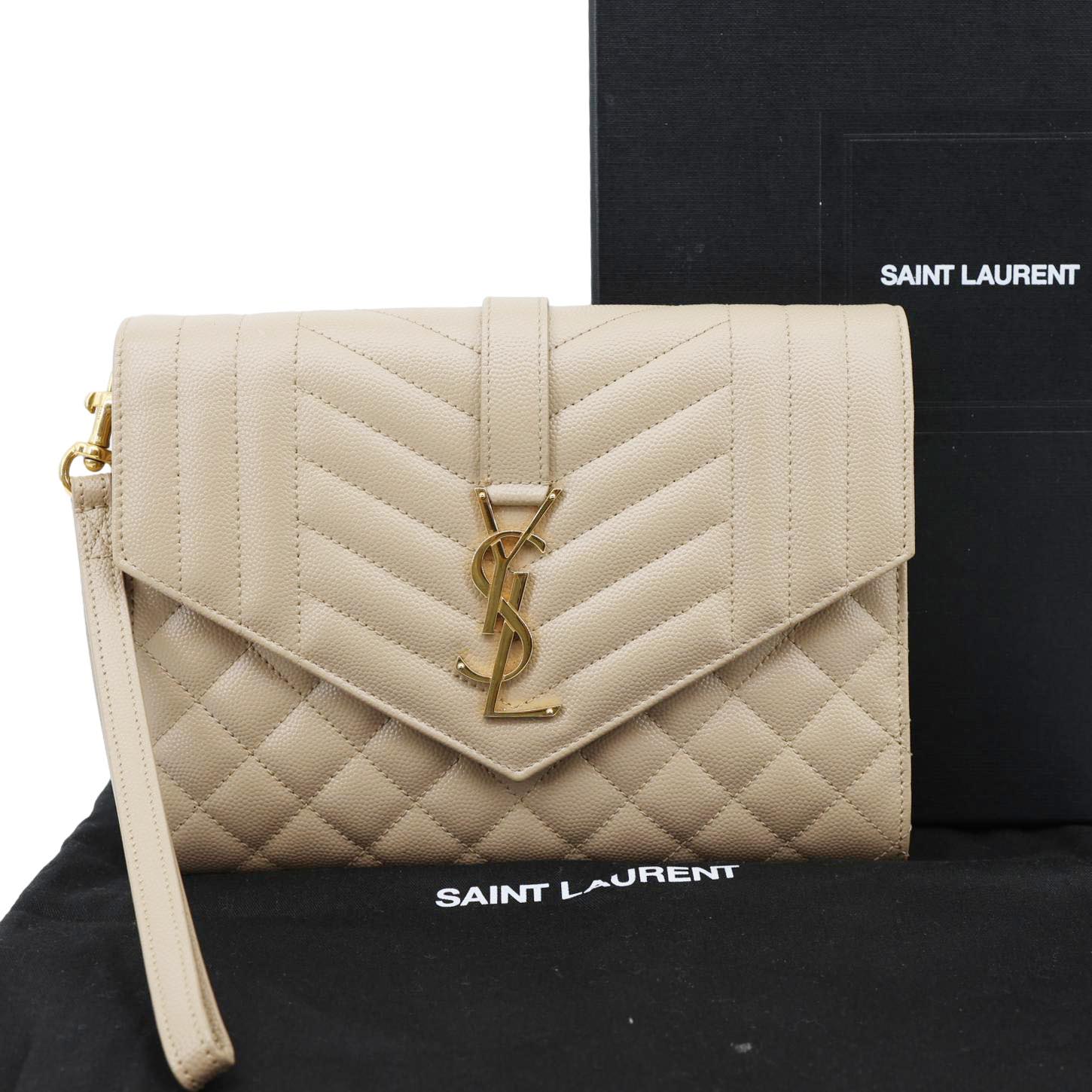 YSL Saint Laurent Yves Envelope Grain De Poudre Clutch Leather Monogram Beige Clutch Bag