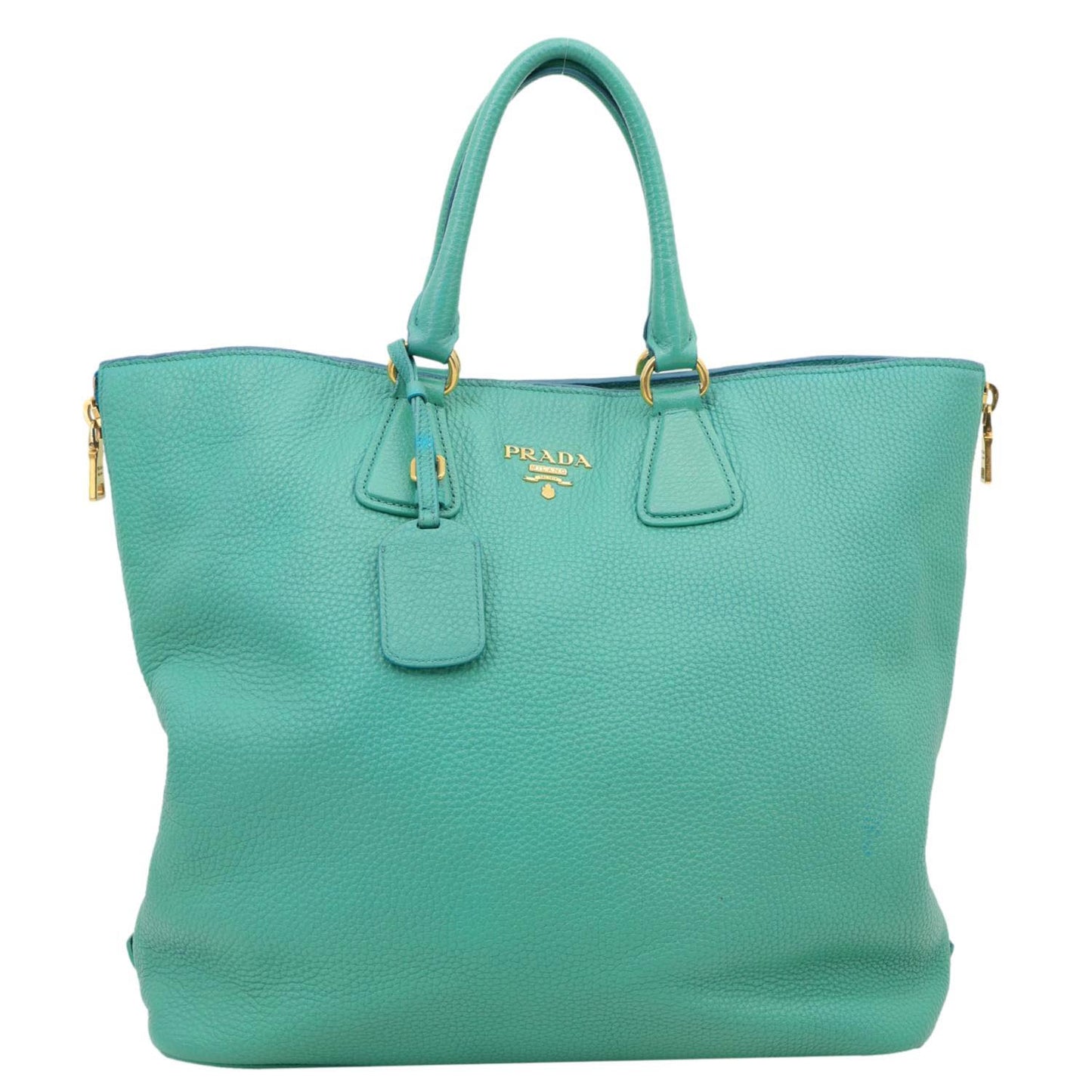 Prada Tote Bag Daino Side Shopping Turquoise Leather Vitello Zip
