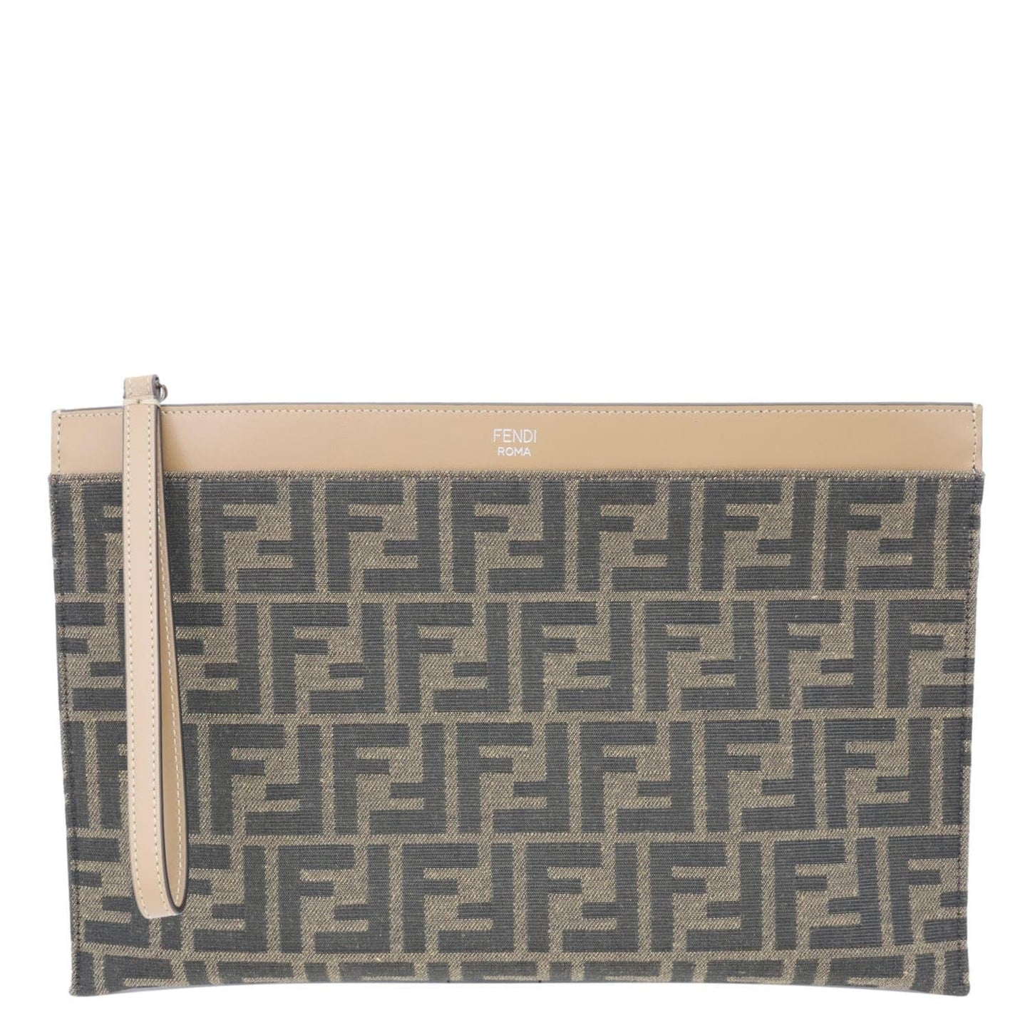 Fendi Flat Ff Jacquard Pouch Handbag Canvas Brown Medium Shoes