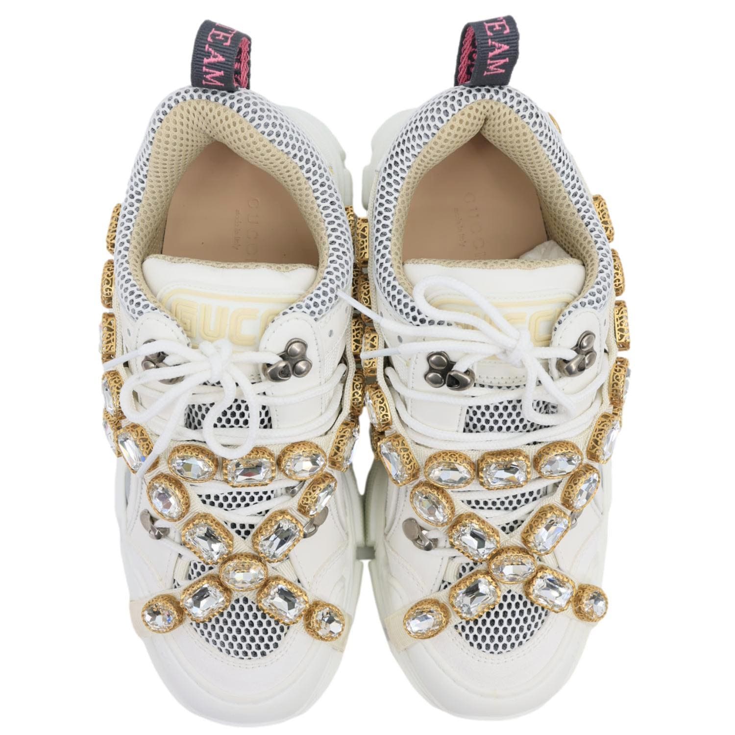 GUCCI Flashtrek Crystals Mesh Leather Sneakers White Size 10.5