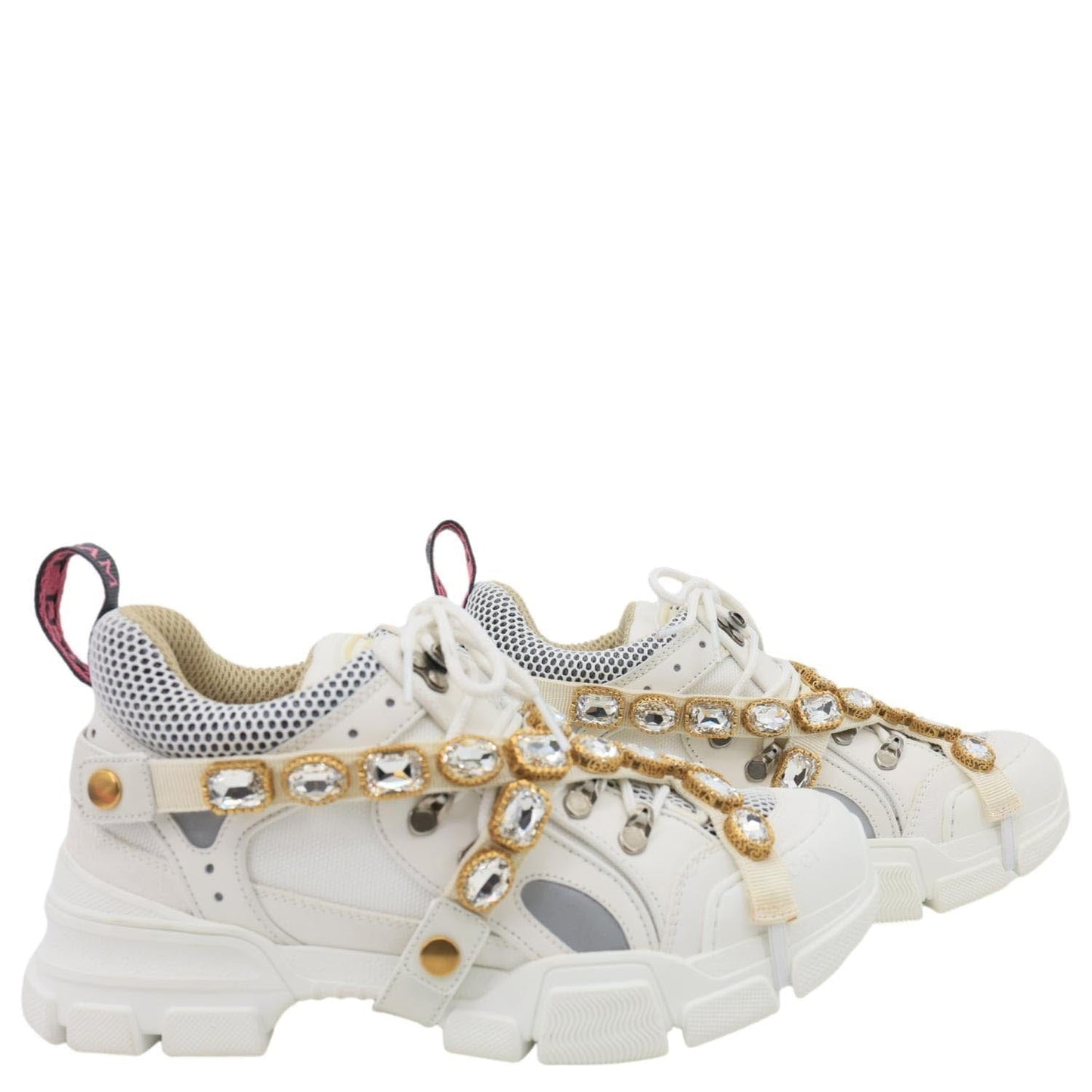 GUCCI Flashtrek Crystals Mesh Leather Sneakers White Size 10.5