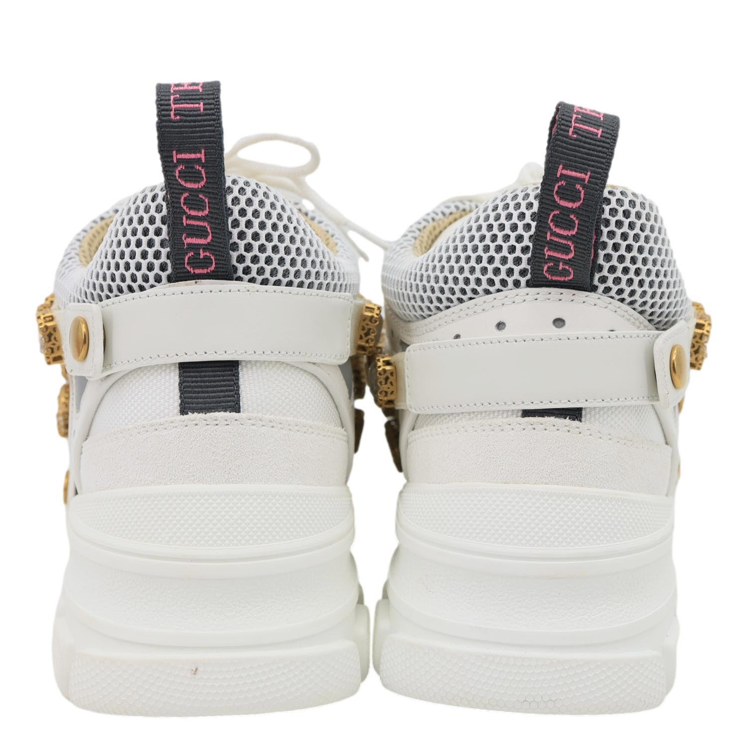 GUCCI Flashtrek Crystals Mesh Leather Sneakers White Size 10.5