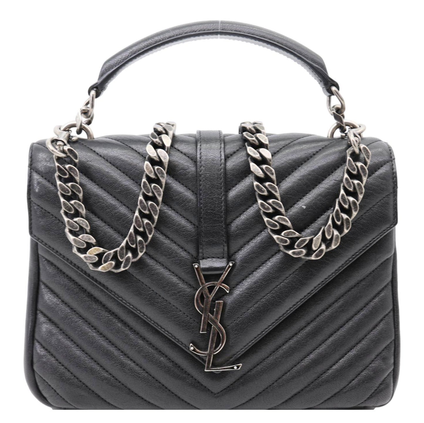 YSL Saint Laurent Yves College Chevron Crossbody Bag Leather Monogram Black