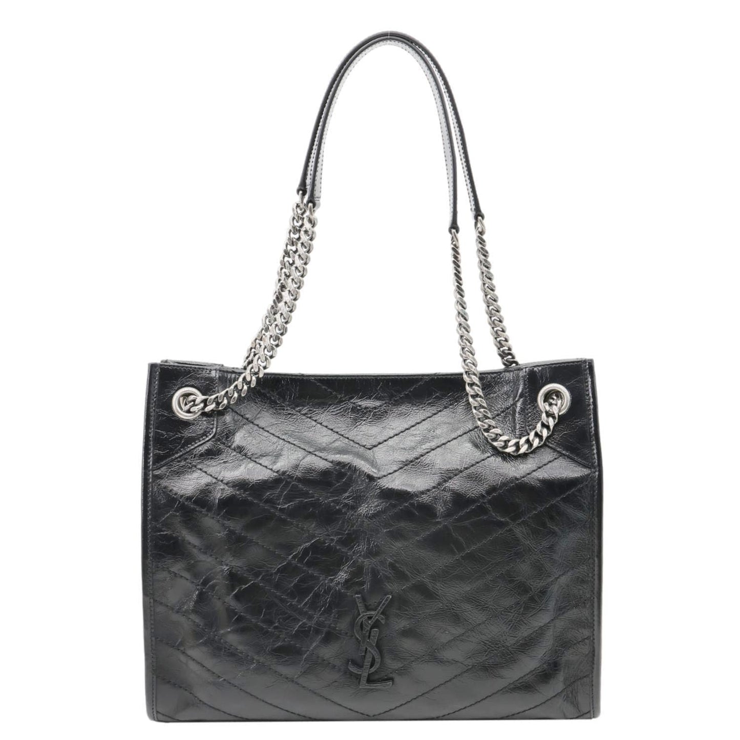 YSL Saint Laurent Yves Niki Crinkled Shopping Tote Bag Leather Black Medium
