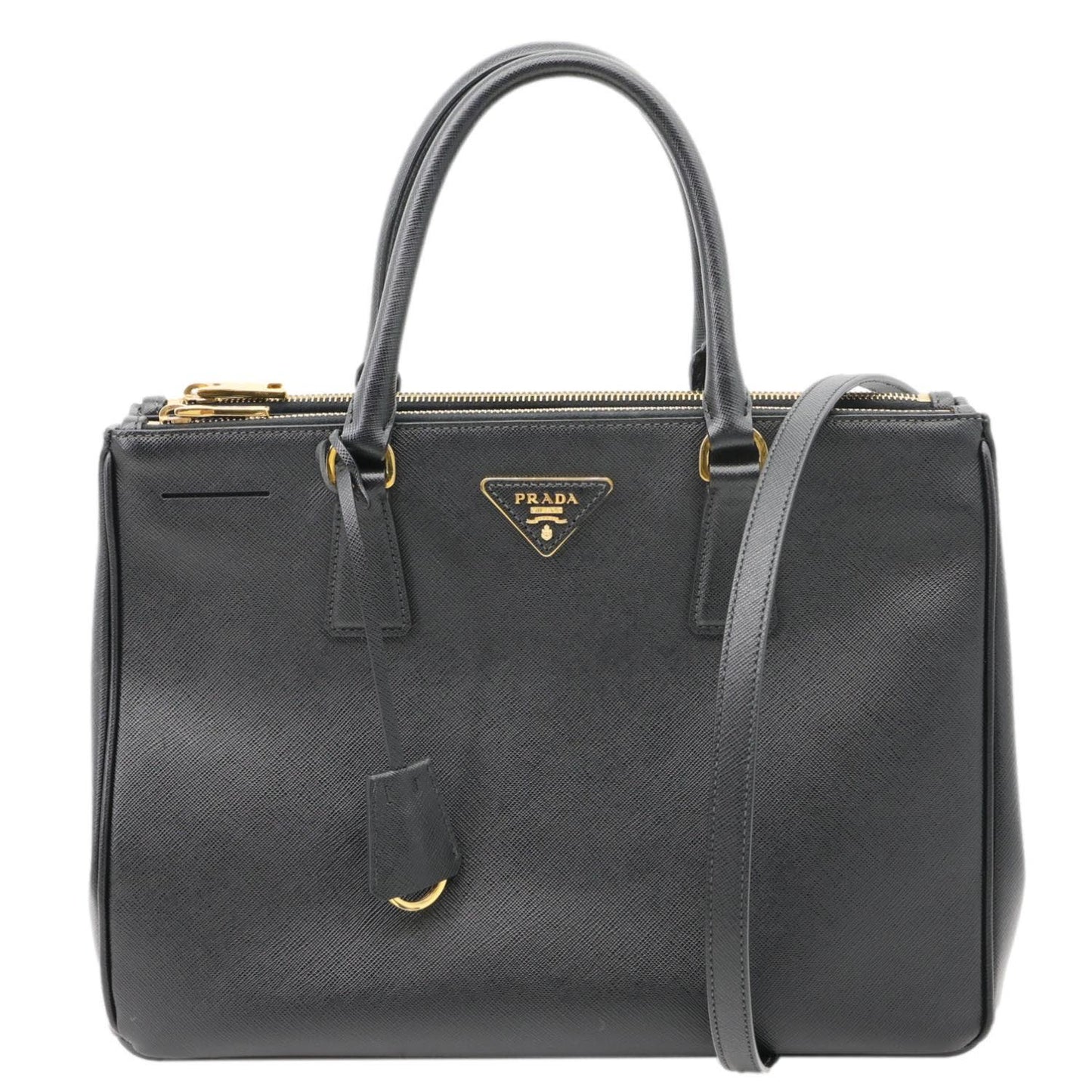 Galleria Double Zip Saffiano Top Handle Shoulder Leather Black Shoulder Bag