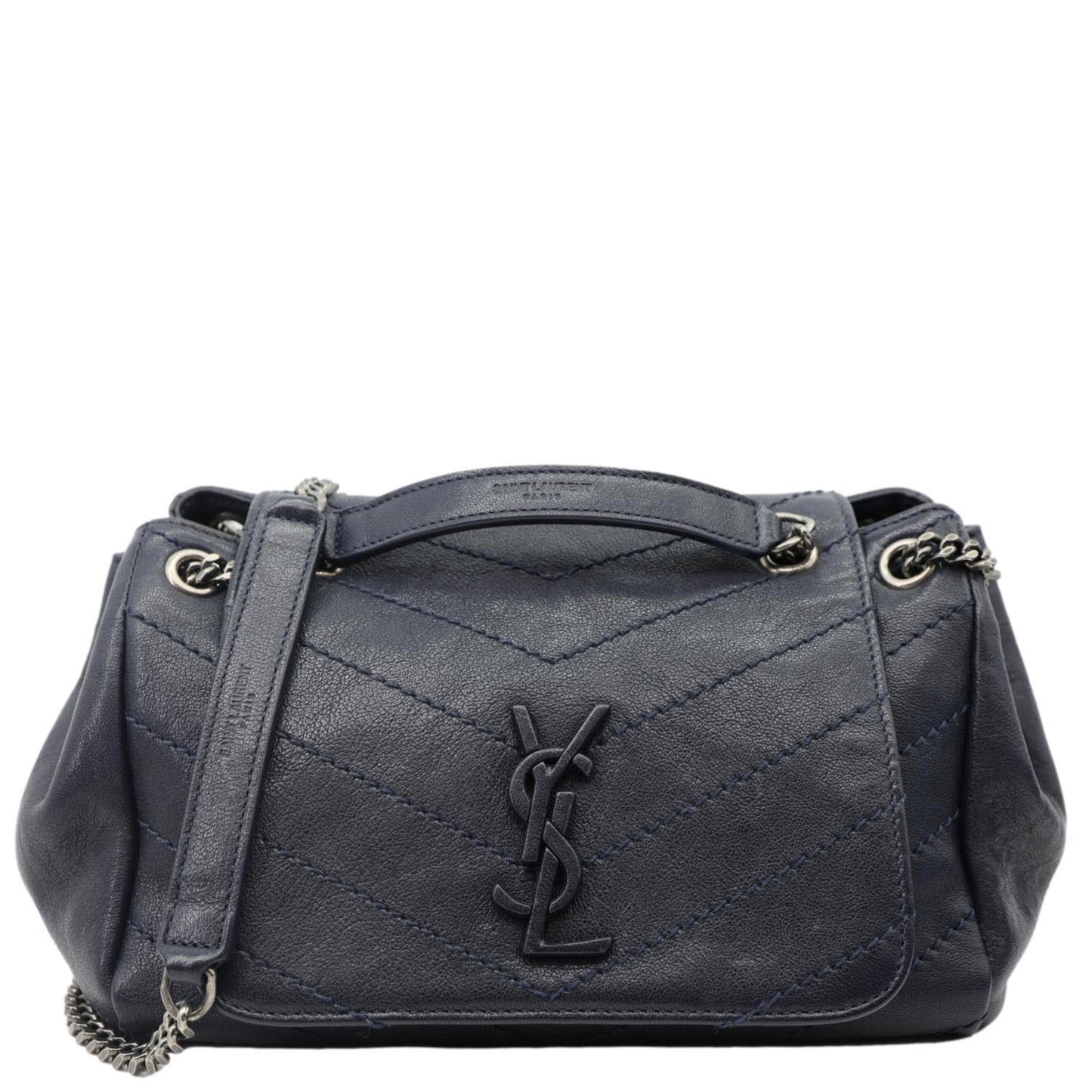 YSL Saint Laurent Yves Nolita Chevron Shoulder Bag Leather Monogram Blue