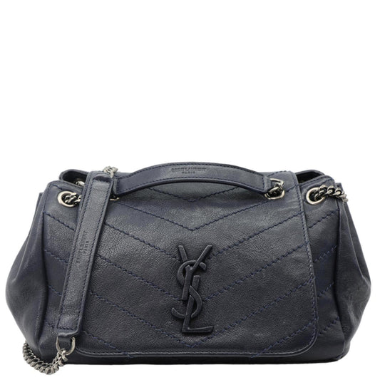 YSL Saint Laurent Yves Nolita Chevron Shoulder Bag Leather Monogram Blue