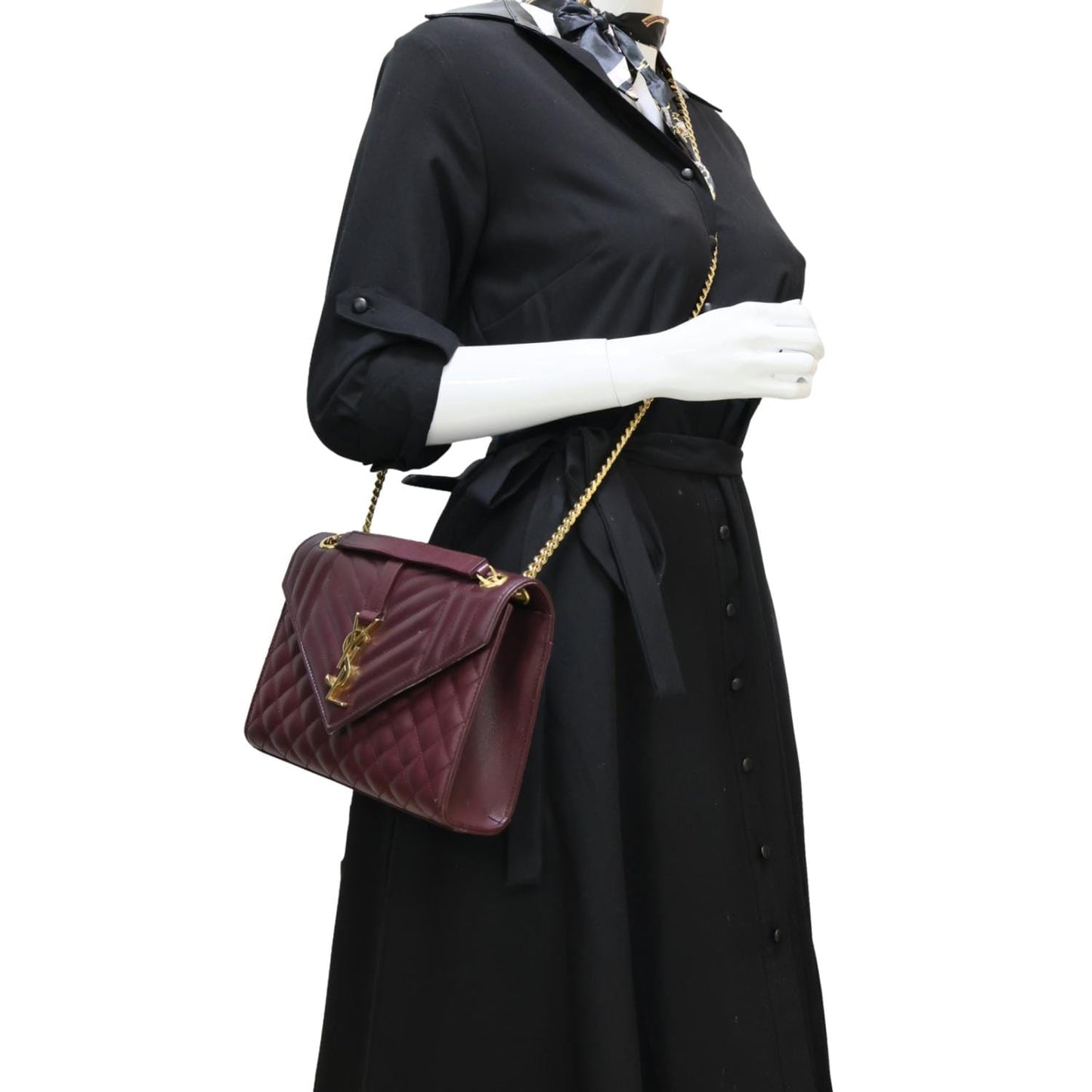 YSL Saint Laurent Yves Envelope Grain De Poudre Crossbody Bag Burgundy Medium Flap